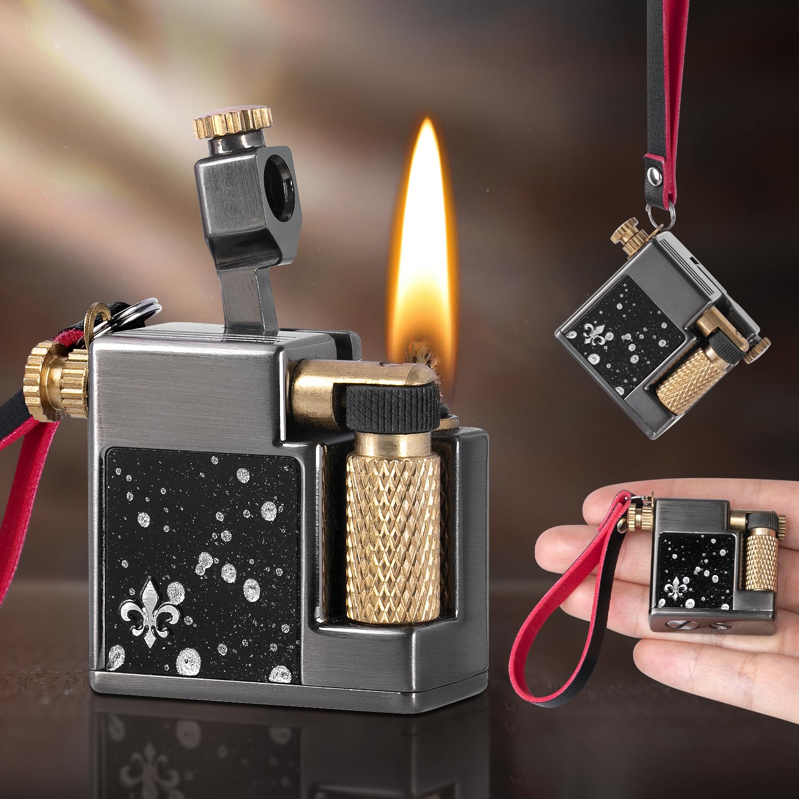 KAMBOLLY Vintage Trench Lighter, Compact Keychain Lighter, Kerosene Fluid Refillable Antique Wick Lighters, Soft Flame Flint Wheel Brass Lighters for