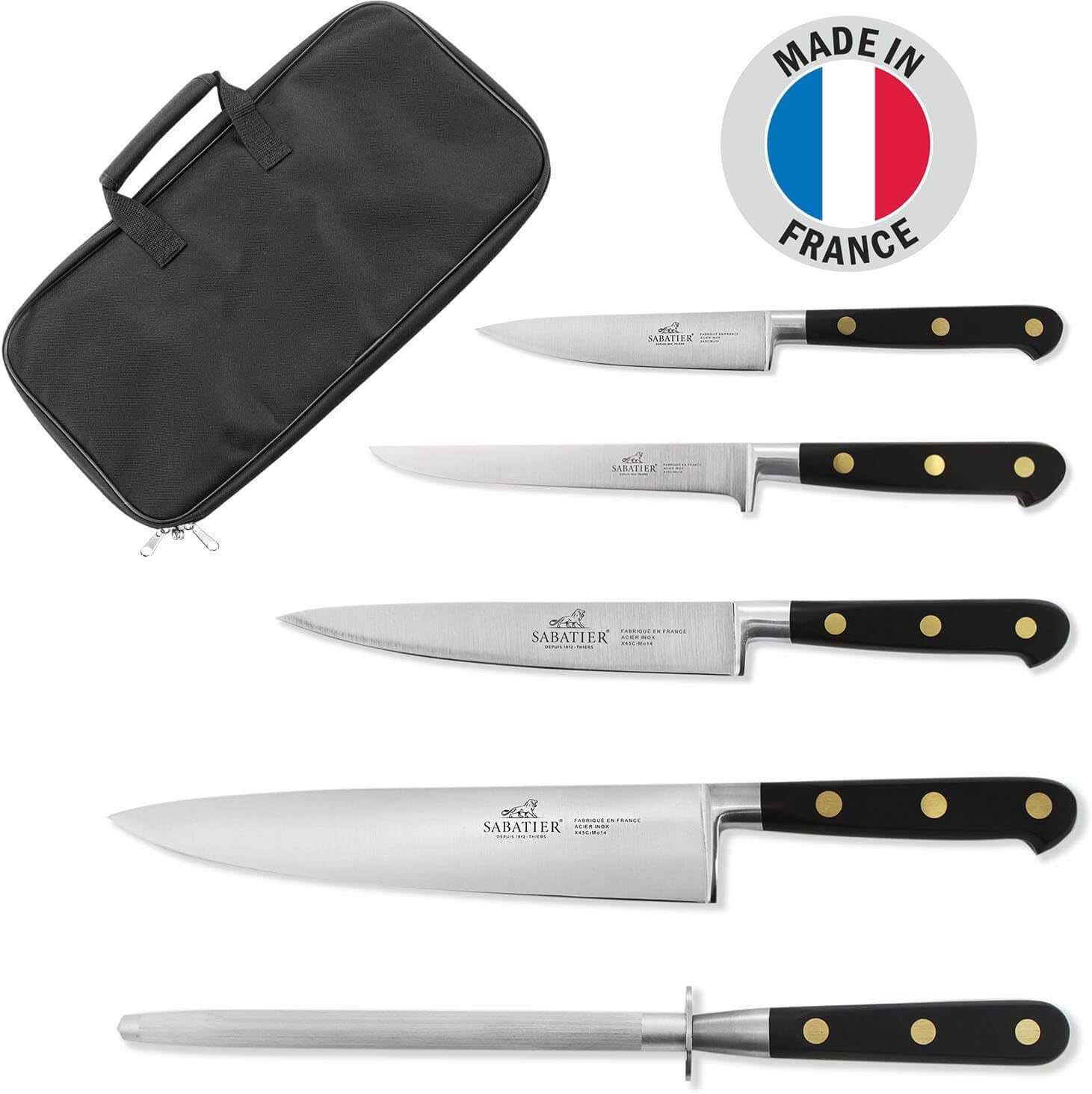 Sabatier Chef Knife Bag with 4 kitchen knives and 1 sharpening steel, stainless steel blades, riveted handles - Made in France
