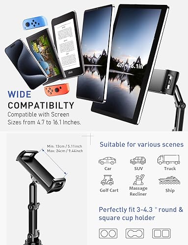 Miniatura 5 de Soporte para tablet para taza de automóvil para iPad Portavasos de vehículo con soporte de lengüeta compatible con soporte de montaje de lengüeta