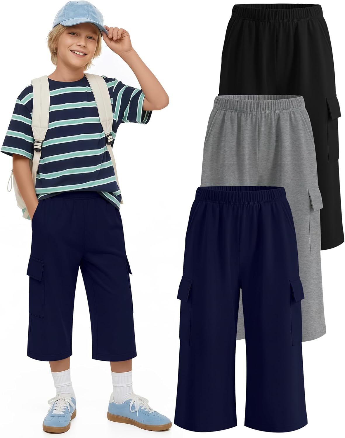 3 Pack Boys Cargo Capri Pants 5-14Y with 4 Pockets Elastic Loose Kids Summer Casual Bottom Baggy Sweatpants