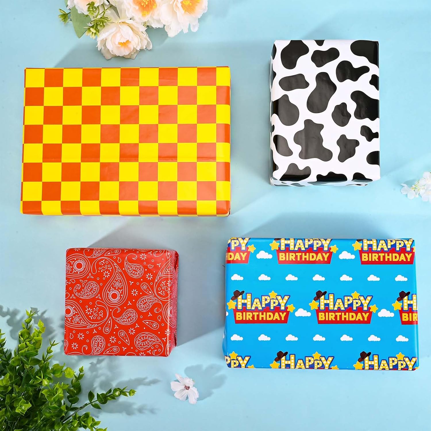 Bolsome 12Pcs Cartoon Story Gift Wrapping Paper, 19.7×27.6 inch, Cow Print Yellow Plaid Blue SKy Clouds Red Bandana Pattern Wrap Paper for Birthday Party Baby Showers Packaging Supplies