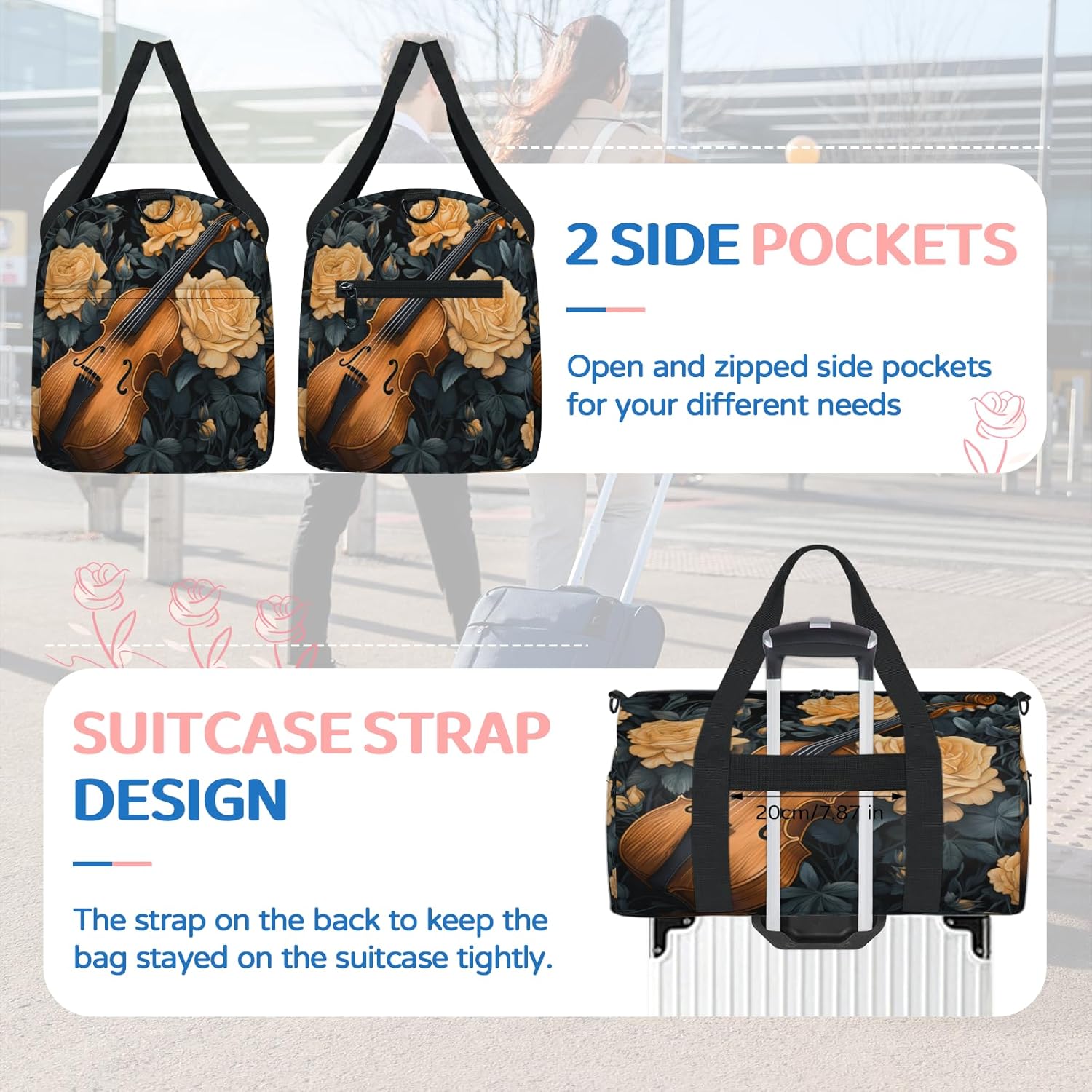 Music Violin Flower Duffle Bag for Travel Dance Ballet Sports Gym Bag for Kids Teens Women Men Overnight Waterproof Tote with Pocket Adjustable Straps