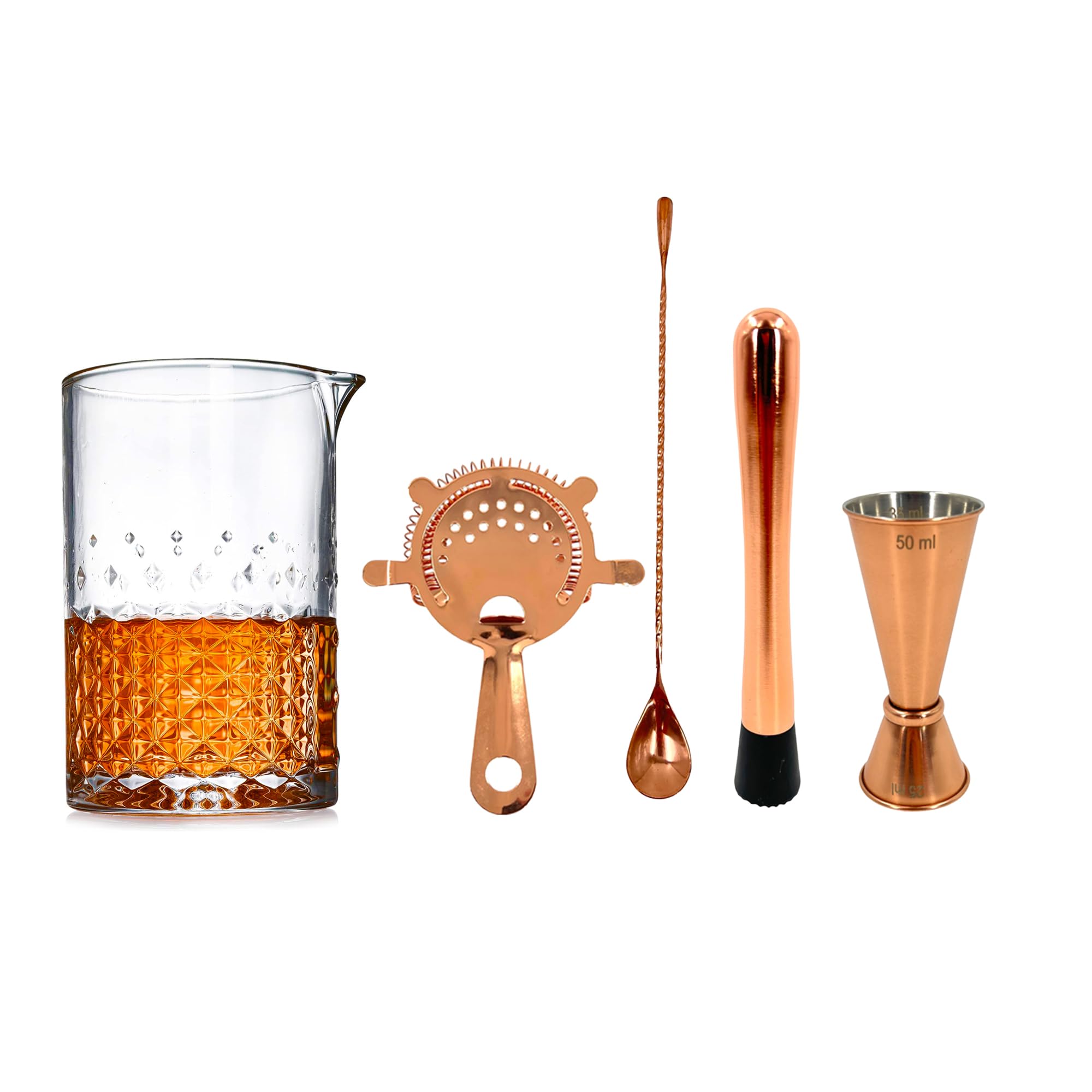 Chabrias Ltd Stainless Steel Copper Finish Cocktail Set – 5-Piece Cocktail Mixing Glass Kit with 24oz Mixing Glass, Hawthorne Strainer, Jigger, Bar Spoon & Muddler for Home or Professional Bar Use