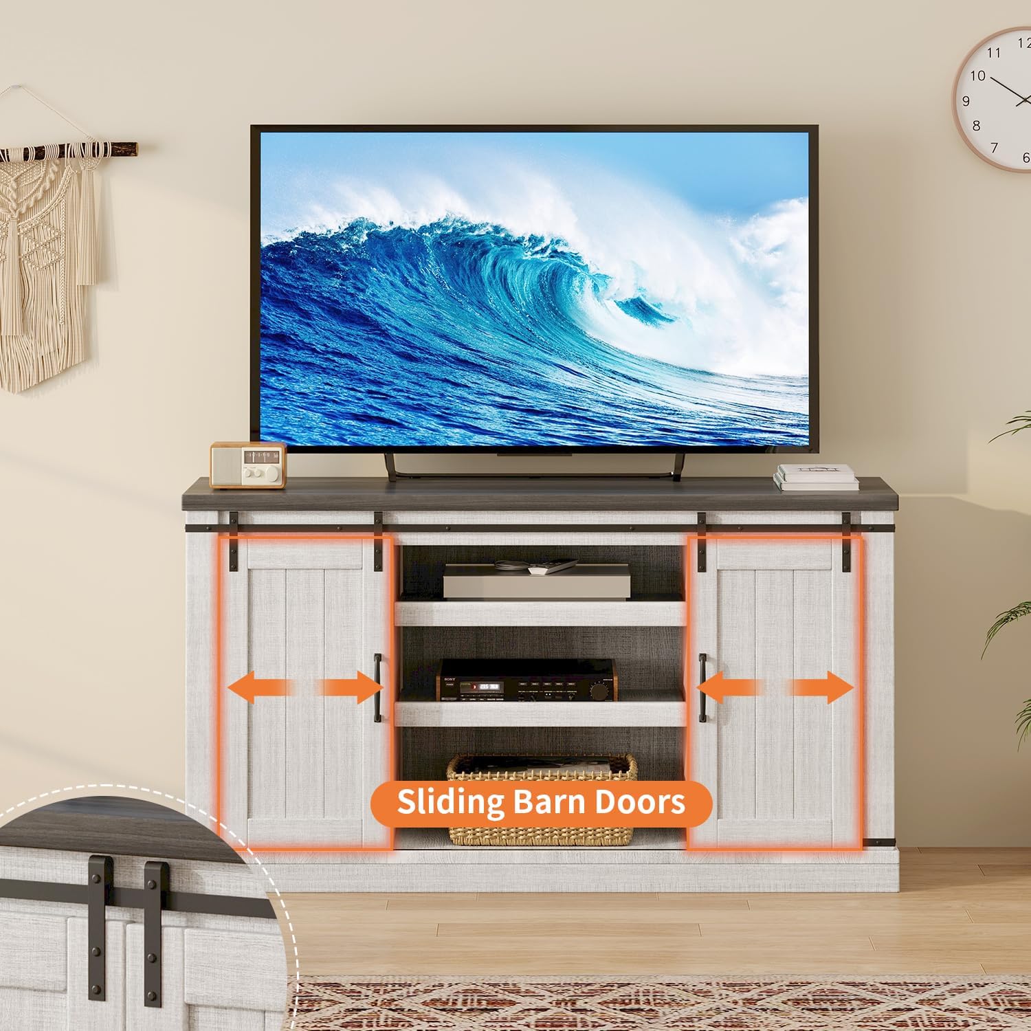 Farmhouse TV Stand for 65 inch Television Stand, Entertainment Center with Storage Cabinet and Sliding Barn Doors & Adjustable Shelves, Rustic Media Console Table for Living Room, Cream