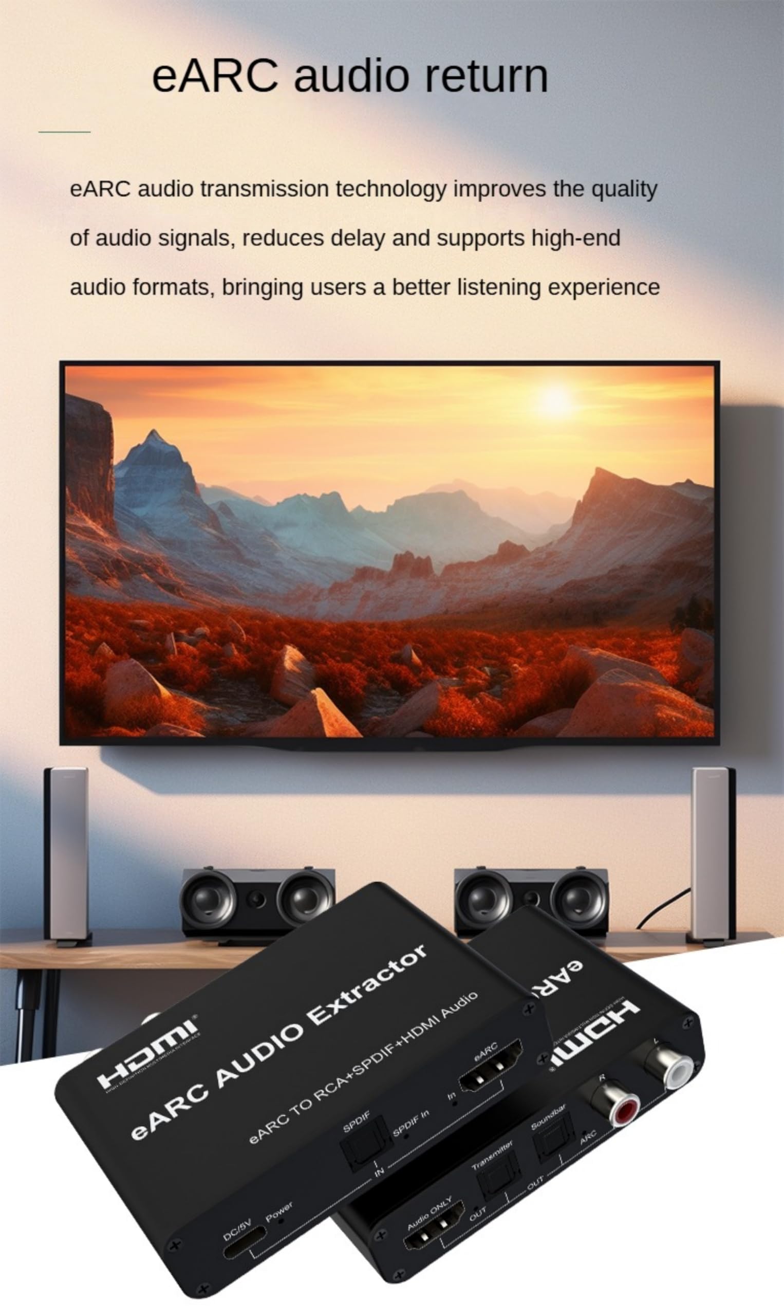 Ekstraktor audio HDMI eARC ARC, Dolby Atmos 7.1-kanałowy konwerter audio, adapter rozgałęźnika HDMI 720P eARC na RCA SPDIF do TV, odtwarzacza DVD i listwy dźwiękowej