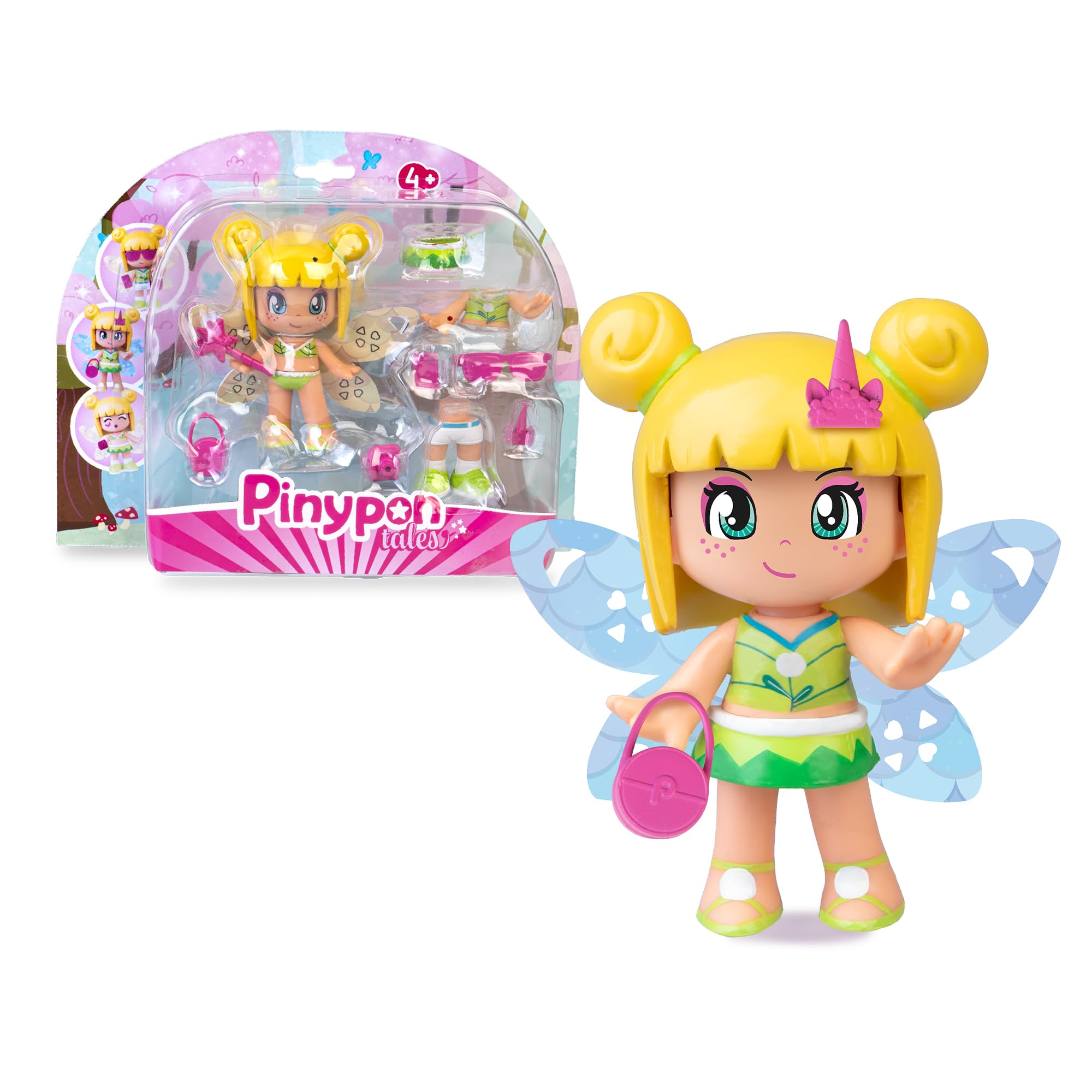 Pinypon Magic Fairy Figure with Reversible Wings with Glitter for the 2 Faces Decorated Gold and Blue, Includes Accessories and Interchangeable Parts with Summer Theme, +4 Years, Famosa (PNY76000)