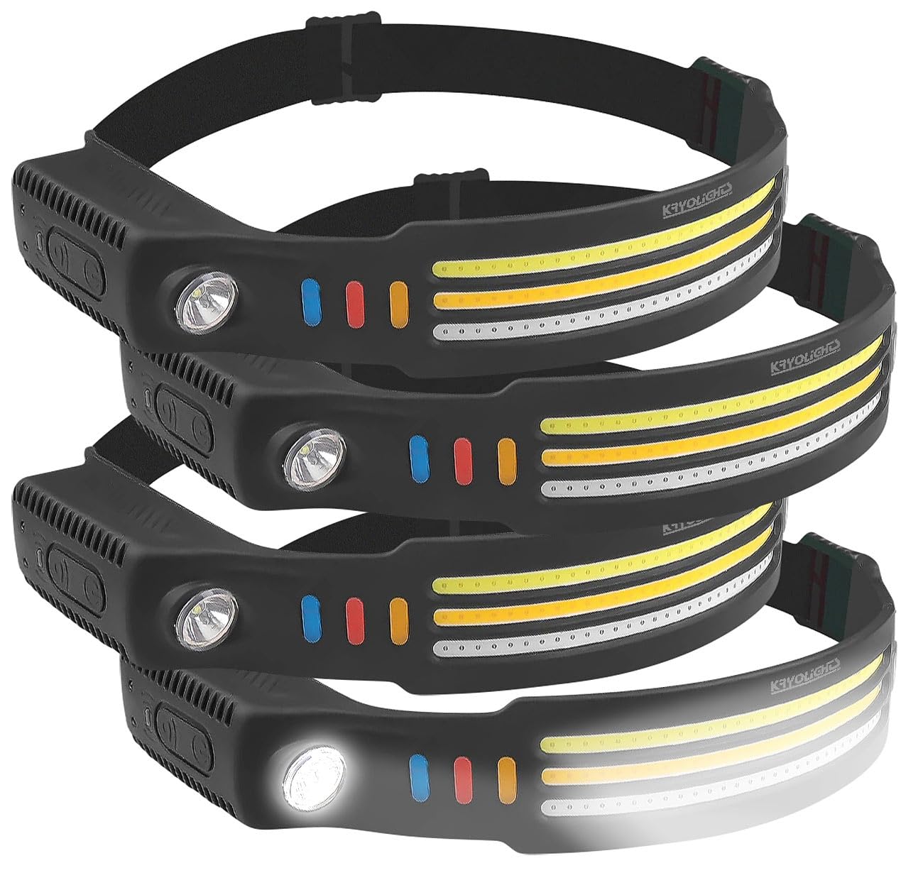 Accu Stirnlampe: 4er-Set Akku-Stirnlampen & Flutlichter, 3 SMD-COB-LED-Bänder, 3.000 lm (Stirnlampe LED rot, LED-Stirnlampe aufladbar USB, Arbeitsleuchte)