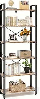 IRONCK 2M Bücherregal, Standregal mit 6 Ebenen, Regal Holz mit Metallrahmen, Büroregal Industriel, offene Ablagen, Bookshelf für Büro, Wohnzimmer, Schlafzimmer, Küche (Kamelbraun Schwarz)