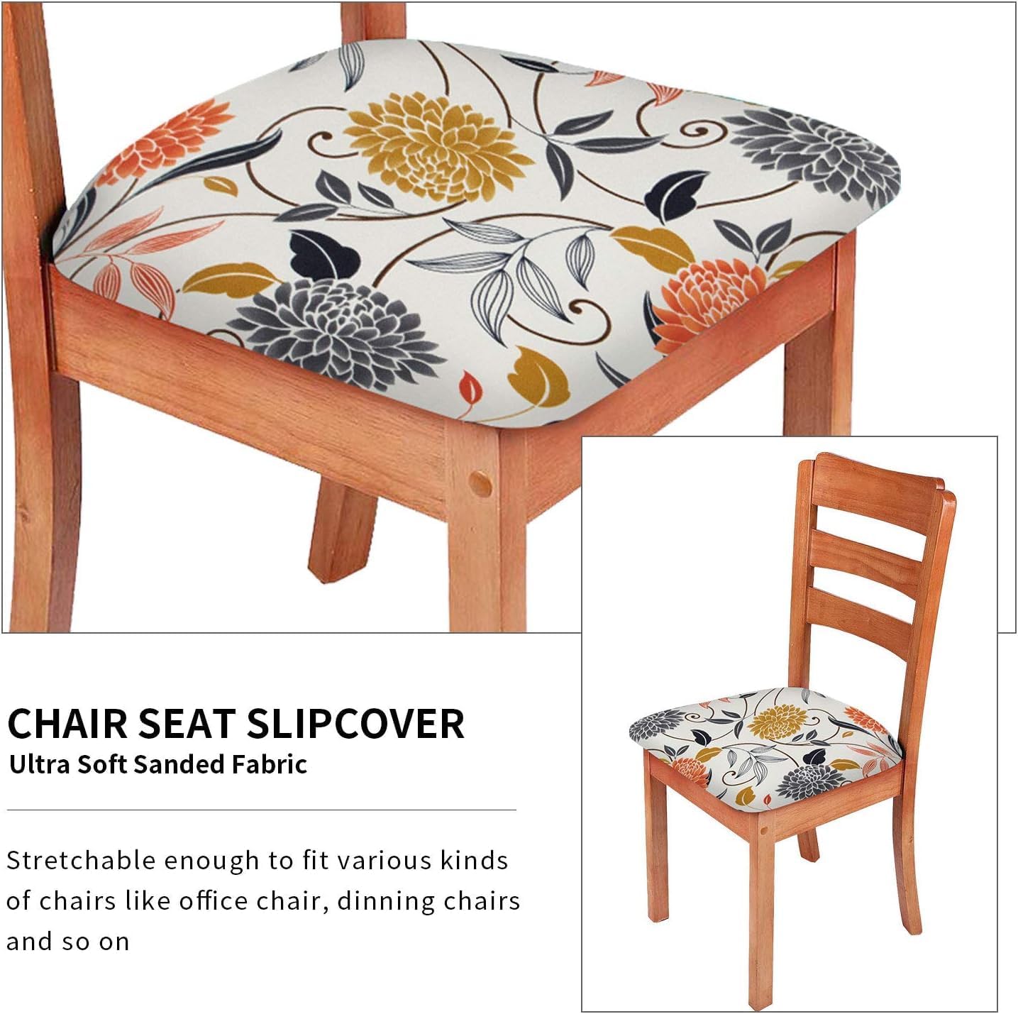 Gute Stretch Printed Chair Seat Covers with Elastic Ties and Button, Removable Washable Dining Upholstered Chair Protector Seat Cushion Slipcovers for Dining Room, Office (Flower, Pack-6)