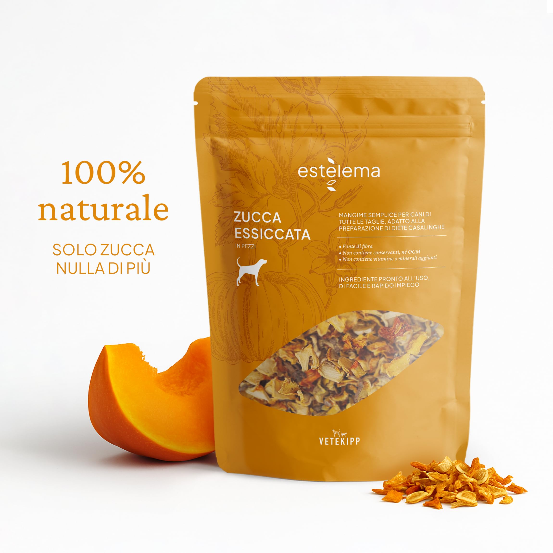 Zucca disidratata a pezzi per cani 400 g – 100% naturale, senza additivi – Snack sano BARF – Doypack richiudibile