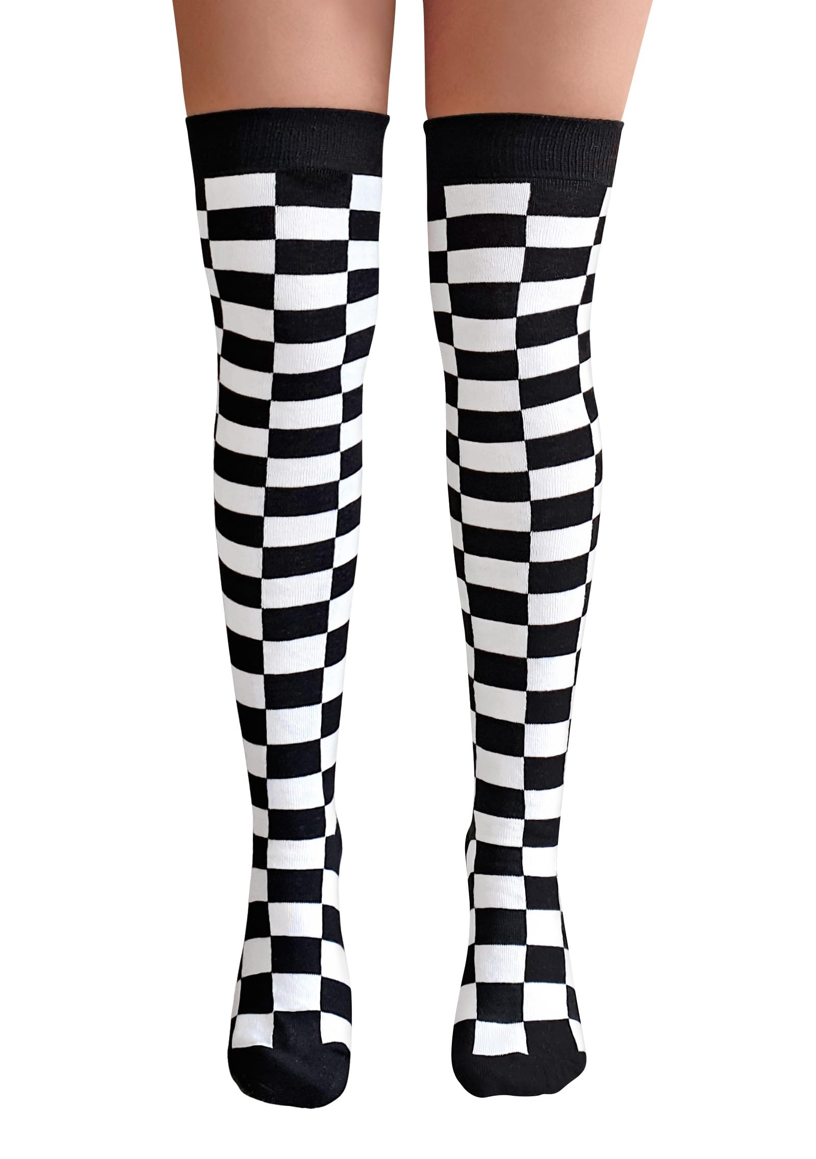 NuJake Over The Knee Black & White Chequered Socks Checked Police Girls Cosplay Pattern UK 4-5.5