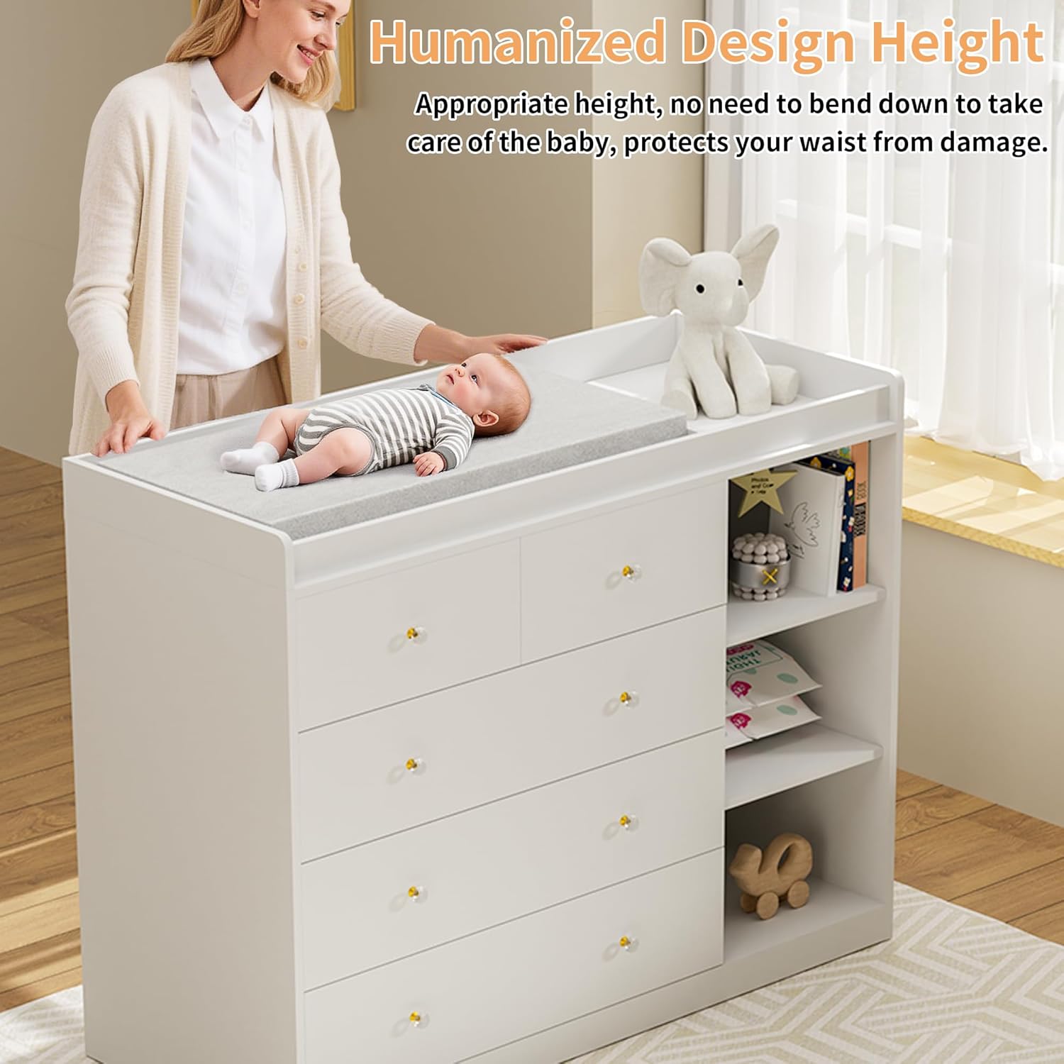 Mother changing a baby on the NEBZHASK dresser, highlighting the humanized design height for comfort