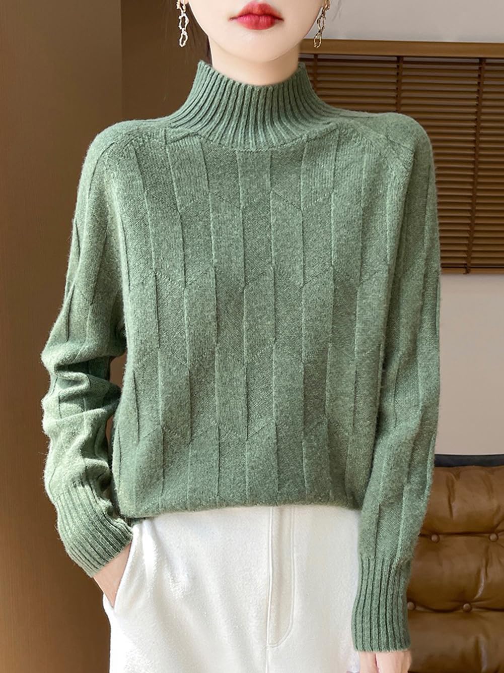 100% Merino Wool Sweaters for Women's Fall Winter Knitted Thick Pullover Long Sleeves Warm Rhombus Turtleneck(WQ706)