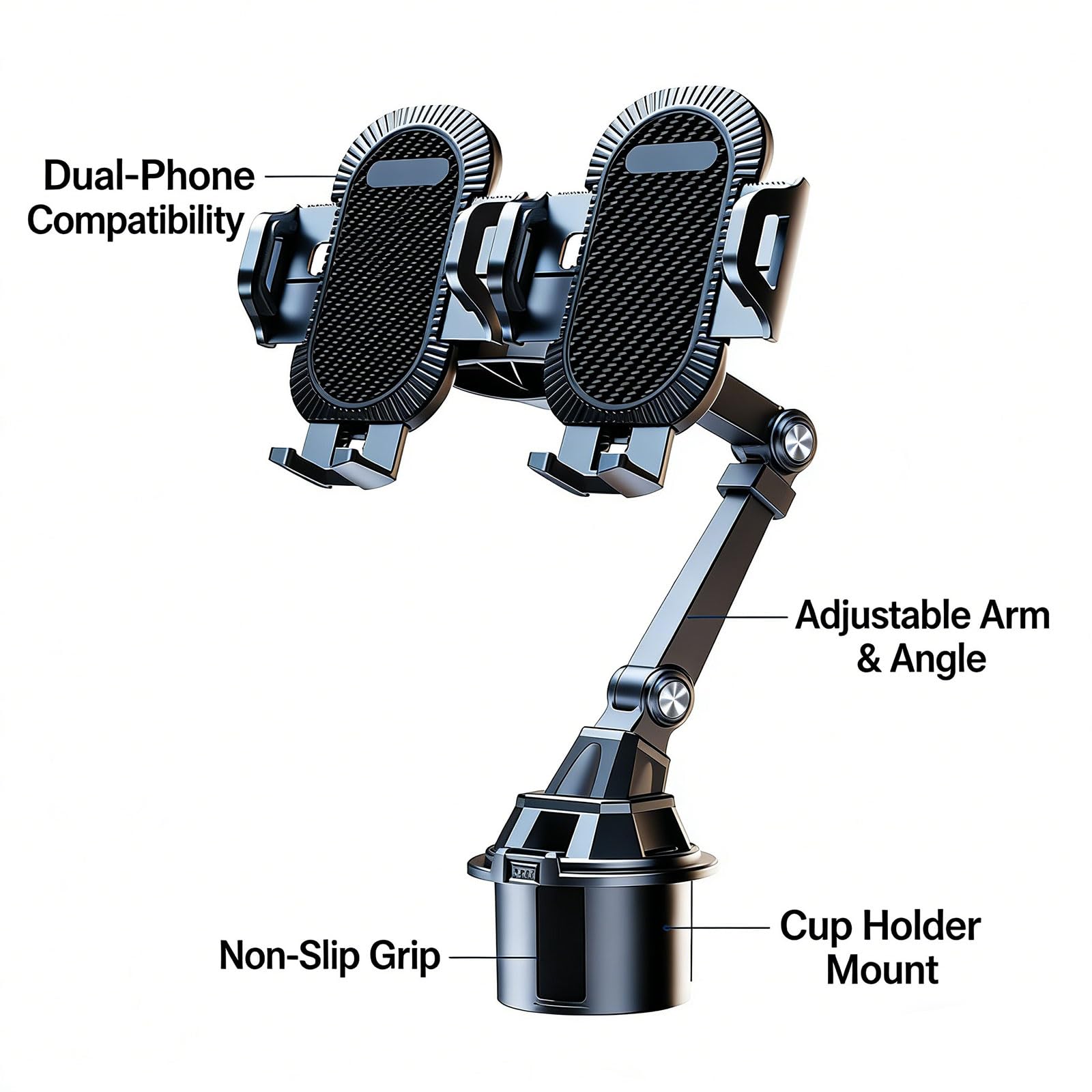 Supporto per cellulare da auto, 2 in 1, regolabile, con rotazione a 360°, base telescopica per due smartphone, universale per la maggior parte dei veicoli
