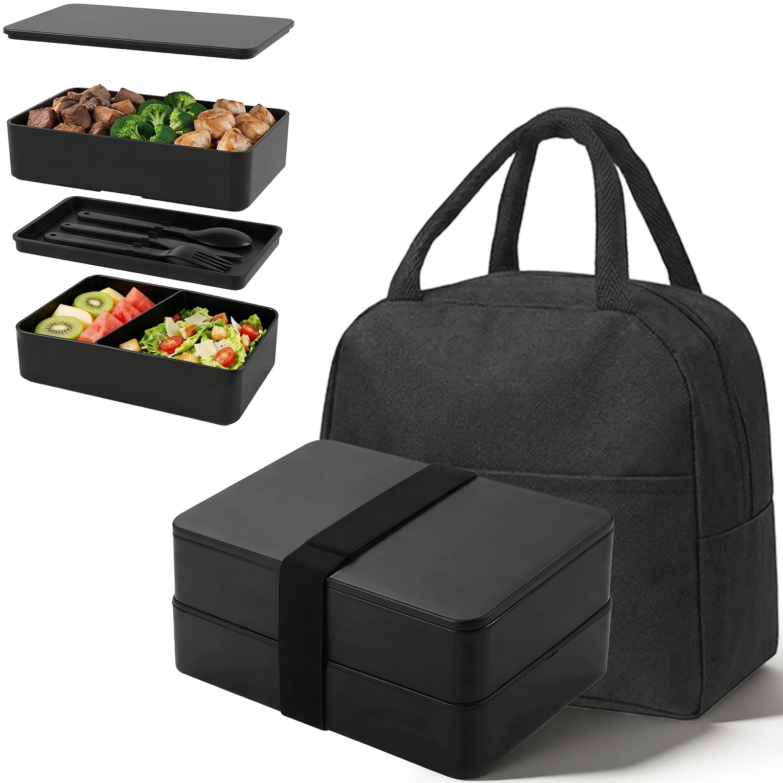 CHUNGG Lunch Bento Box for Adults & Kids, Compartments Thermal Bag Set Lunchboxes Stackable, Suitable for School Office Microwave Ovens and Dishwashers, Reusable 1200ML (Black)