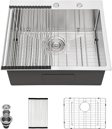 Talllor - Fregadero de cocina de 25 x 22 x 9 pulgadas, de acero inoxidable, para montaje superior, lavabo hecho a mano, grande, profundo, calibre