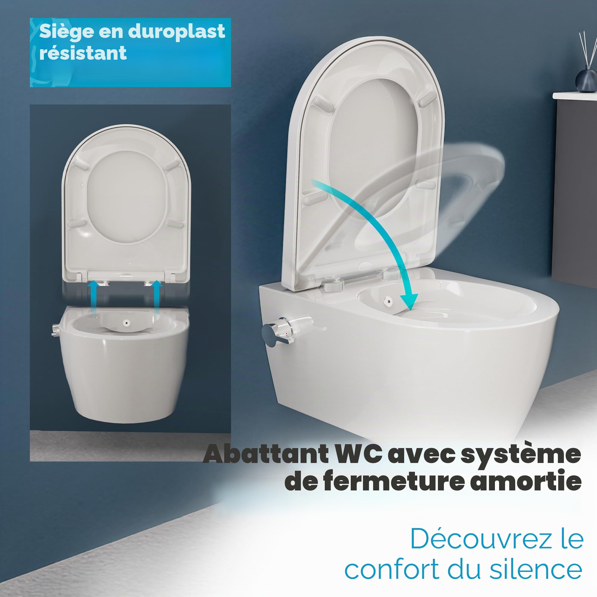 SSWW WC Taharet - Avec Robinetterie et siège amovible Softclose | Douche WC suspendu | WC avec fonction bidet | Hygiénique | Alpha sans bord | 540 x 360 x 330 mm