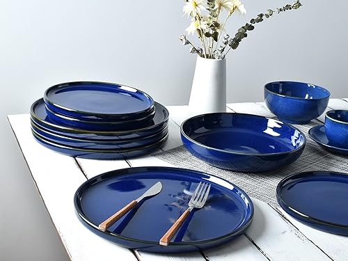 Miniatura 7 de Bosmarlin Platos llanos de cerámica, 10.5 pulgadas, juego de 4 para ensalada, pasta, postre, microondas y lavavajillas (azul oscuro, 10.5 pulgadas)