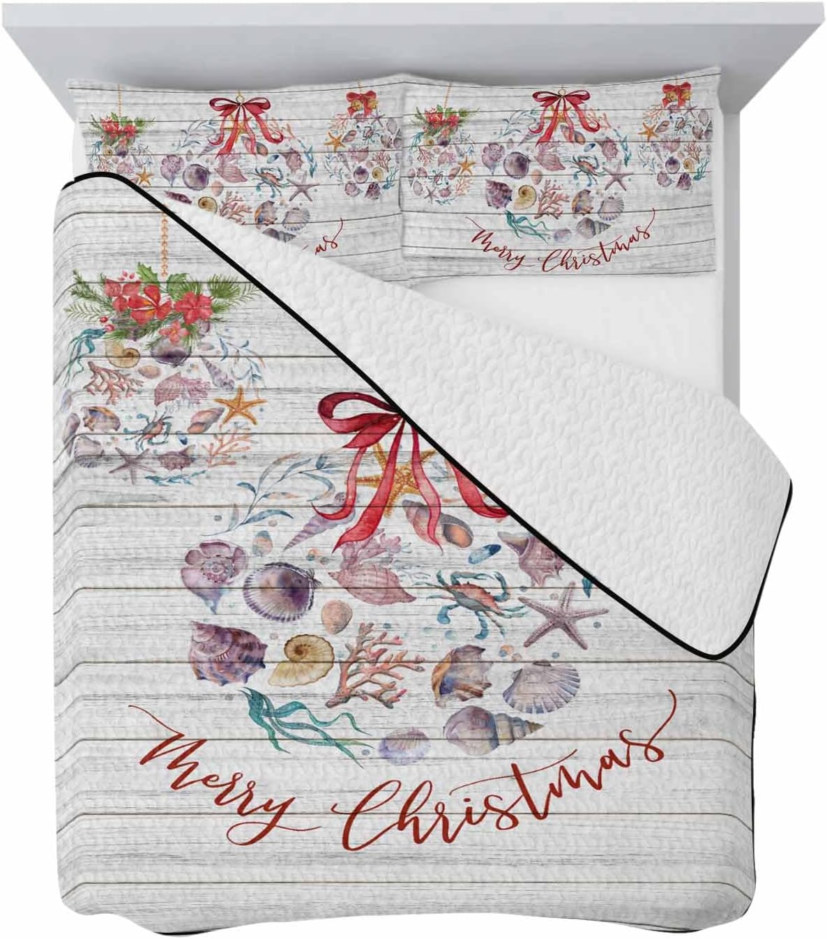 Queen Quilt Bedding Set,Christmas Beach Theme Shell Coral Xmas Ball Lightweight Coverlet Summer Comforter Set Soft Microfiber Bedspread,Retro Wood Board 3 Piece Quilt Set with 2 Pillow Shams