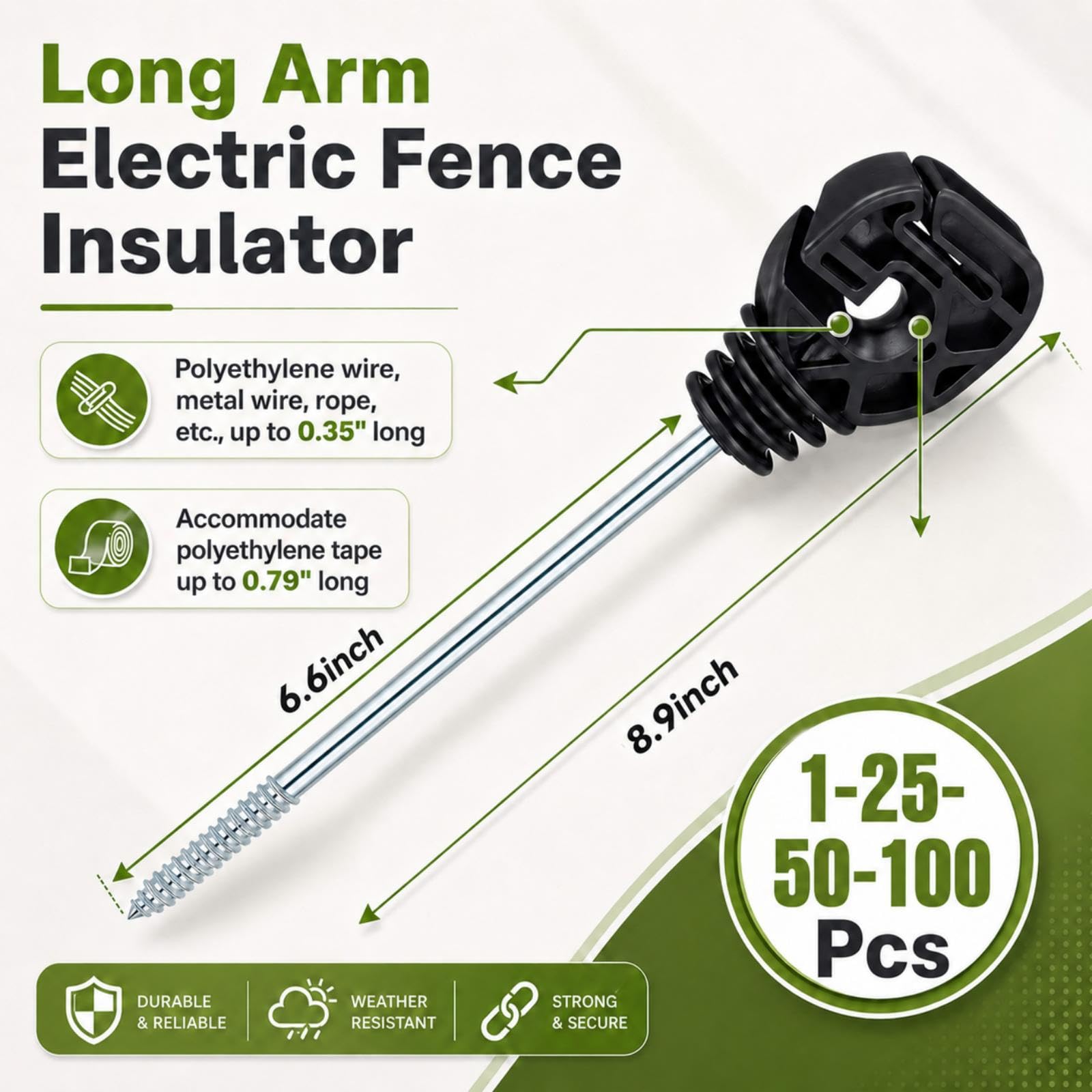 Tandefio 25 aisladores eléctricos para cercas de soporte, aisladores de rosca, aisladores negros de poste de valla de brazo largo, aislador de poste de madera para cuerda de cinta, alambre eléctrico,