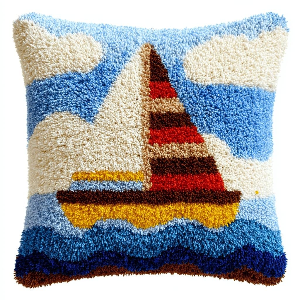 AxiangziK Latch Hook Cushion Kits,Sailboat DIY Needlework Pillow Cover Cushion Rug Making Kit,17X17Inch Handmade Embroidery Kits, Decorative Throw Pillow Cover for Sofa Cushions, Bedroom Decor