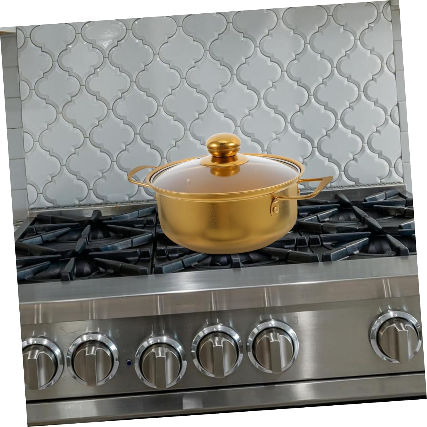 Stainless Steel Induction Ramen Pot Glass Lid Golden Double Handle Soup and Stew Pot for Cooking Noodles and Broths Easy to Clean for Home Kitchen Use