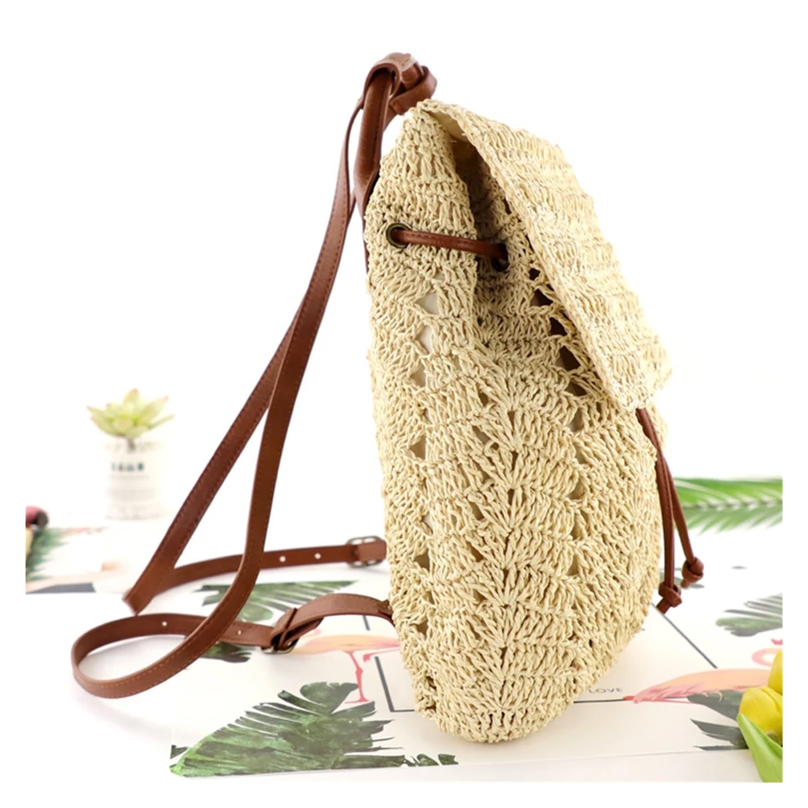 Zaino da Donna in Paglia Intrecciata a Mano, Casual, da Spiaggia, per Vacanze, a Tracolla, a Secchiello