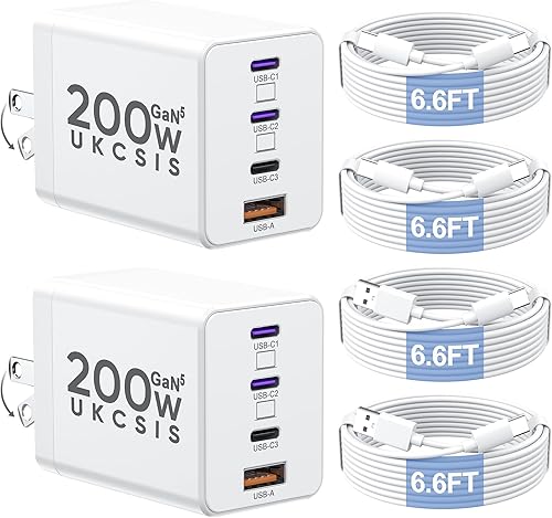 Paquete de 2 bloques de cargador USB C de 180 W, cargador plegable de 4 puertos GaN súper rápido USB C, doble bloque de carga tipo C de 65 W,