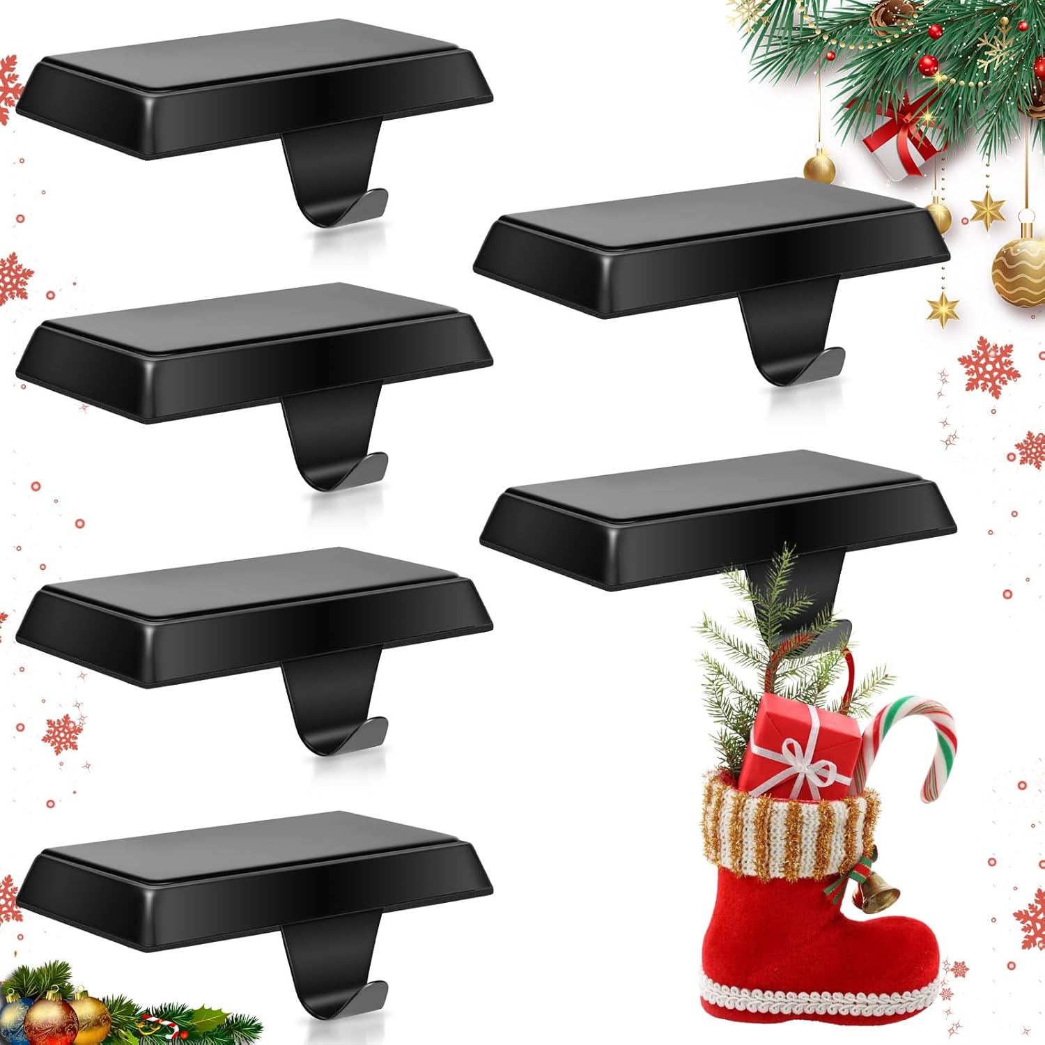 6 Pack Metal Christmas Stocking Holders for Mantle Heavy Duty Stocking Hangers Stocking Hook Christmas Ornaments for Counter Tables Window Fireplace Mantle Decoration (Black) 6 6 Pack Black
