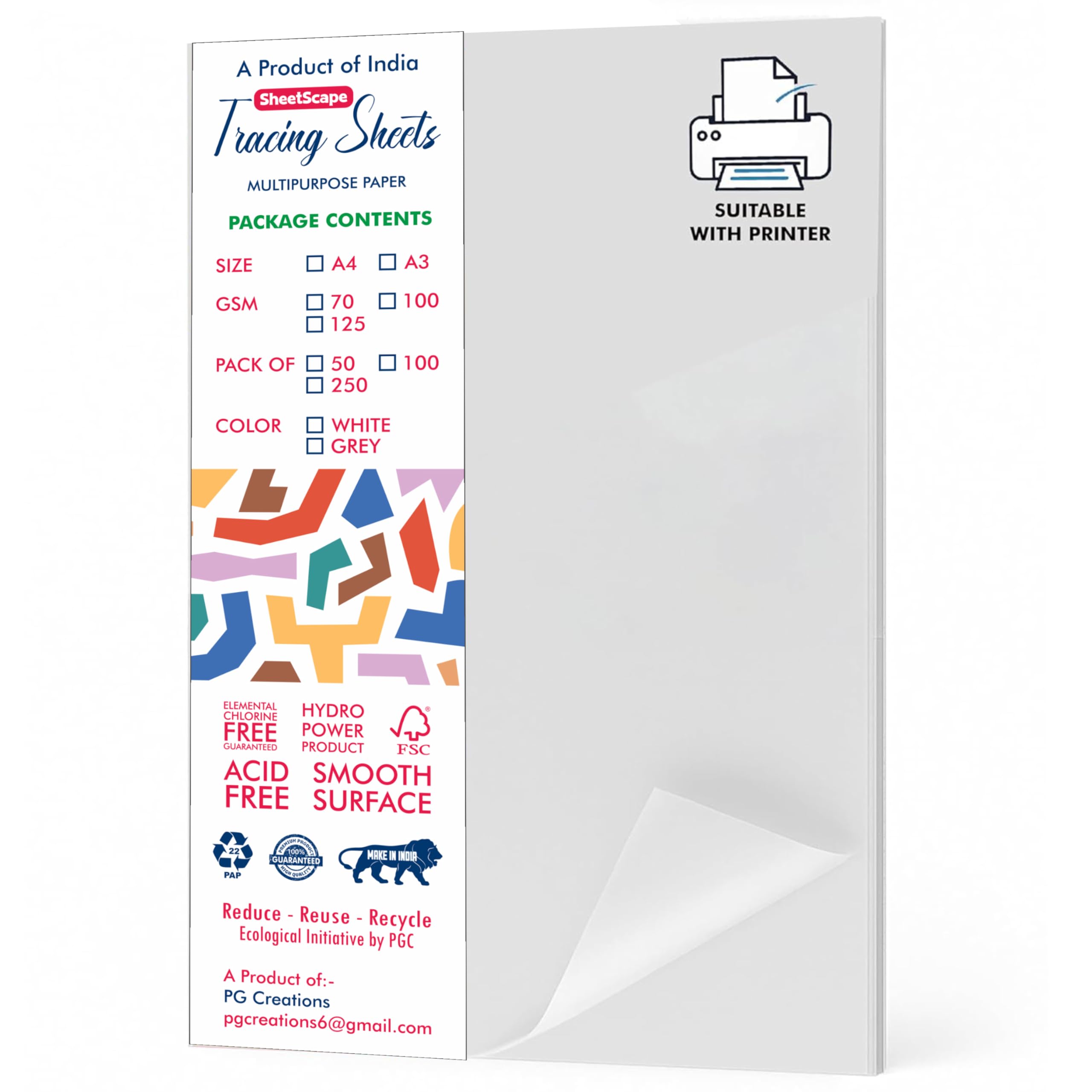 SheetScape 100 Sheets, A3 Tracing Paper, 100 GSM Thick Translucent Paper for Drawing, Sketching, Craft & Project Work, Suitable for Pens & Markers, 16.5x11.7 Inch, White
