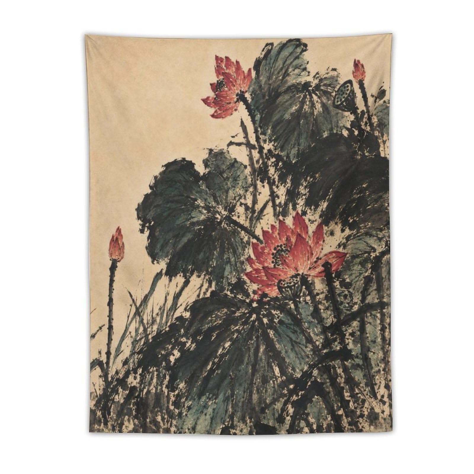 H3B8U2Y5 Dark Lotus Flowers Wall Tapestry, Asian Ink Style, Apartment