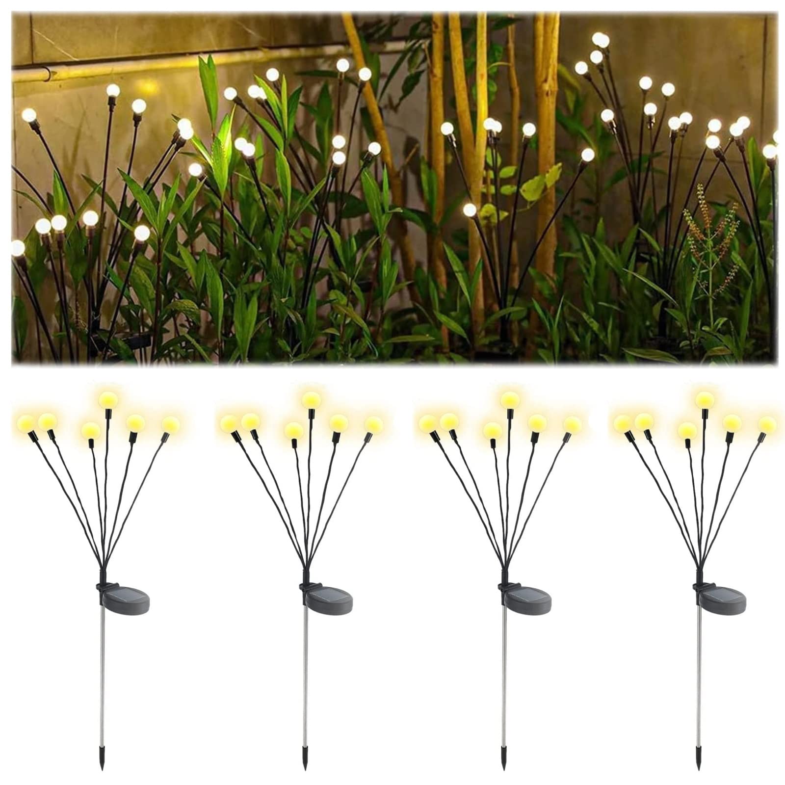 Wmqbd Warm Color Lamp Solar Garden Lights, 6 Led Light Bulbs, Solar Powered Firefly Lights, For Outdoor Pathway Decorative, Swaying When Wind Blows Solar Garden Lights(,4Pcs)