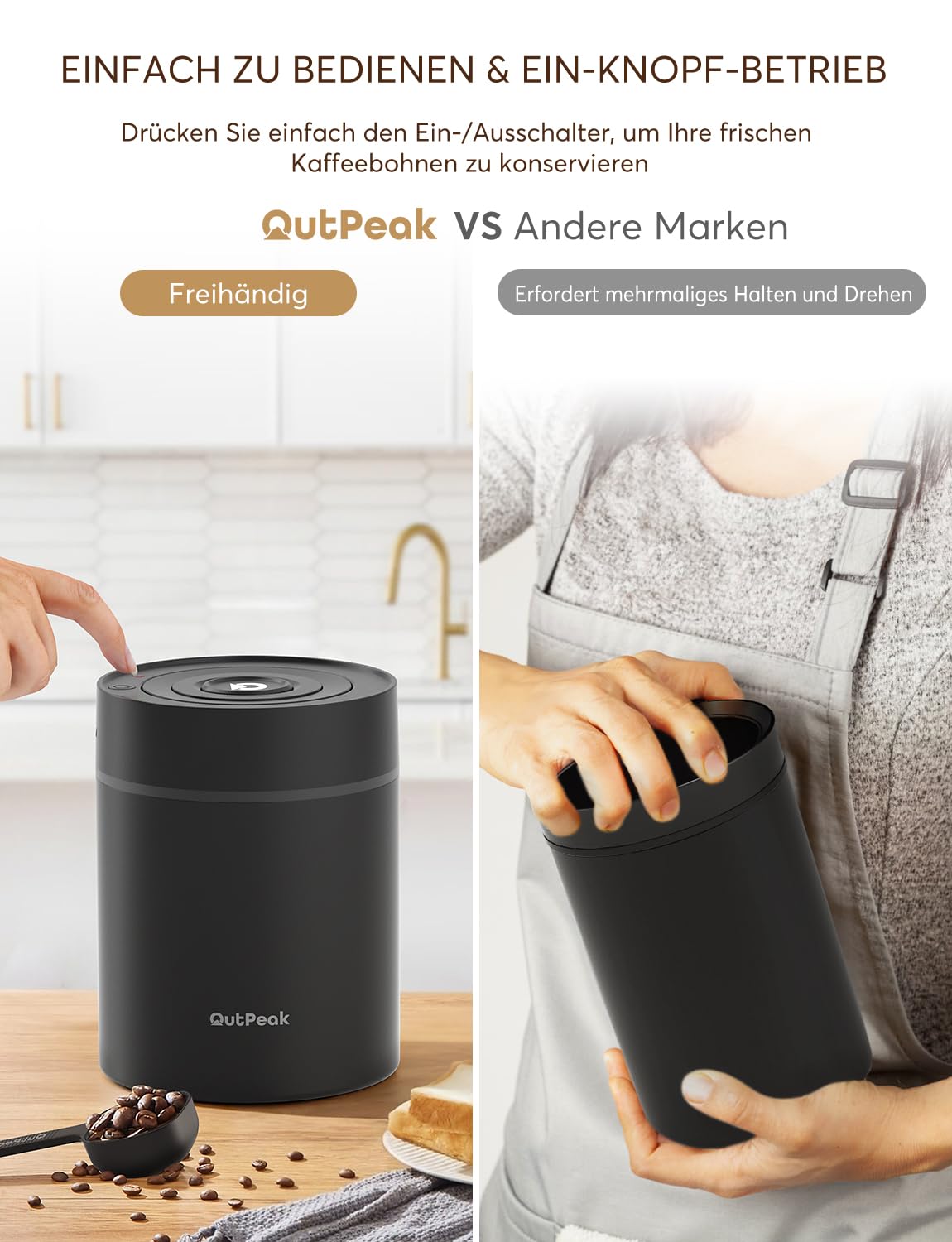 OUTPEAK Neo 2026 Kilo Auto-Vakuum-Kaffeedose, 1,5 l Fassungsvermögen für 500 ml Kaffeebohnen, Ein-Knopf-Bedienung, Edelstahl-Kaffee-Aufbewahrungsbehälter für Barista, Geschenke (groß, mattschwarz)