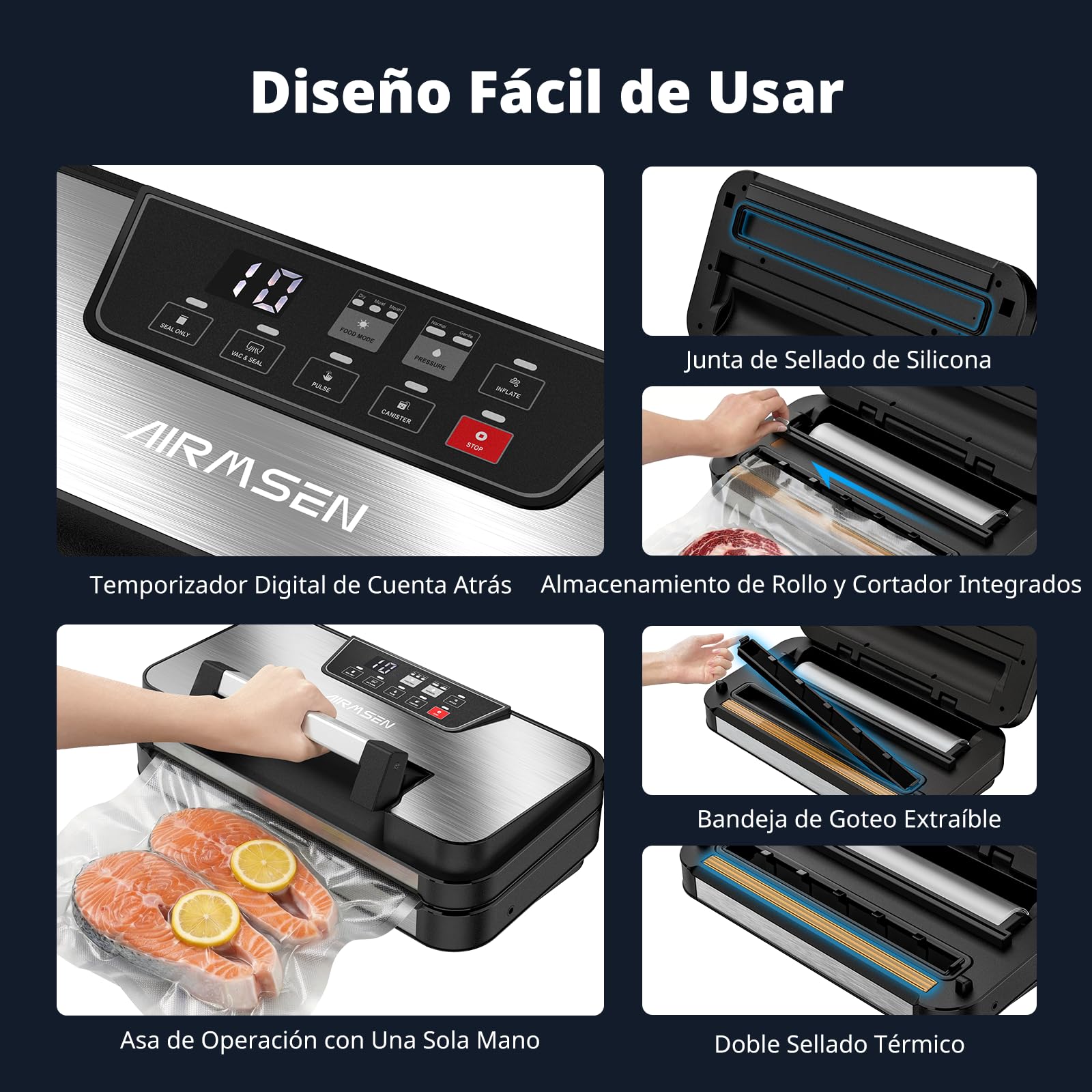 AIRMSEN Envasadora al vacío 95 kPa con función de inflado, modos Seco/Húmedo, doble sellado 30 cm, cortador incorporado, rollo y bandeja extraíble – mantiene los alimentos frescos hasta 8× más tiempo
