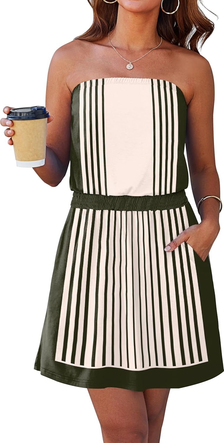 SAUKOLE Summer Dresses for Women Bandeau Strapless Smocked Elastic Waist Sundress Tube Mini Dress with Pockets