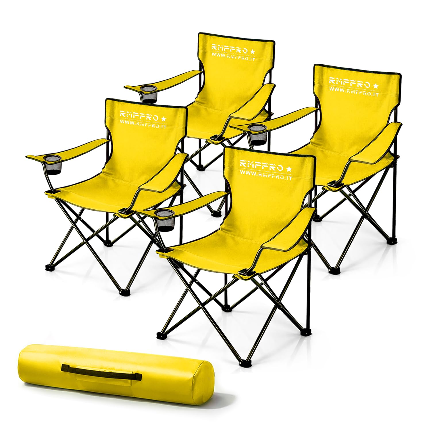 RMF PRO Set of 4 Folding Camping Chairs with Comfortable and Relaxing Seat, Portable Beach Chair with Cup Holder - Sea and Garden Chair, Lightweight Transportable Outdoor Chair Yellow