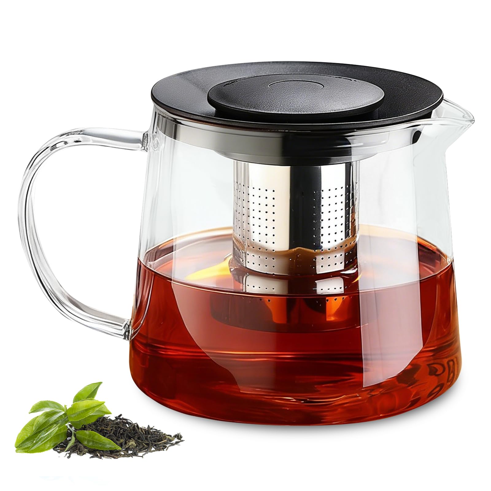 Teiera in vetro da 1500 ml, caraffa in vetro borosilicato con infusore rimovibile, lavabile in lavastoviglie, ideale per tè, caffè, tè alla frutta e tè alle erbe (nero)