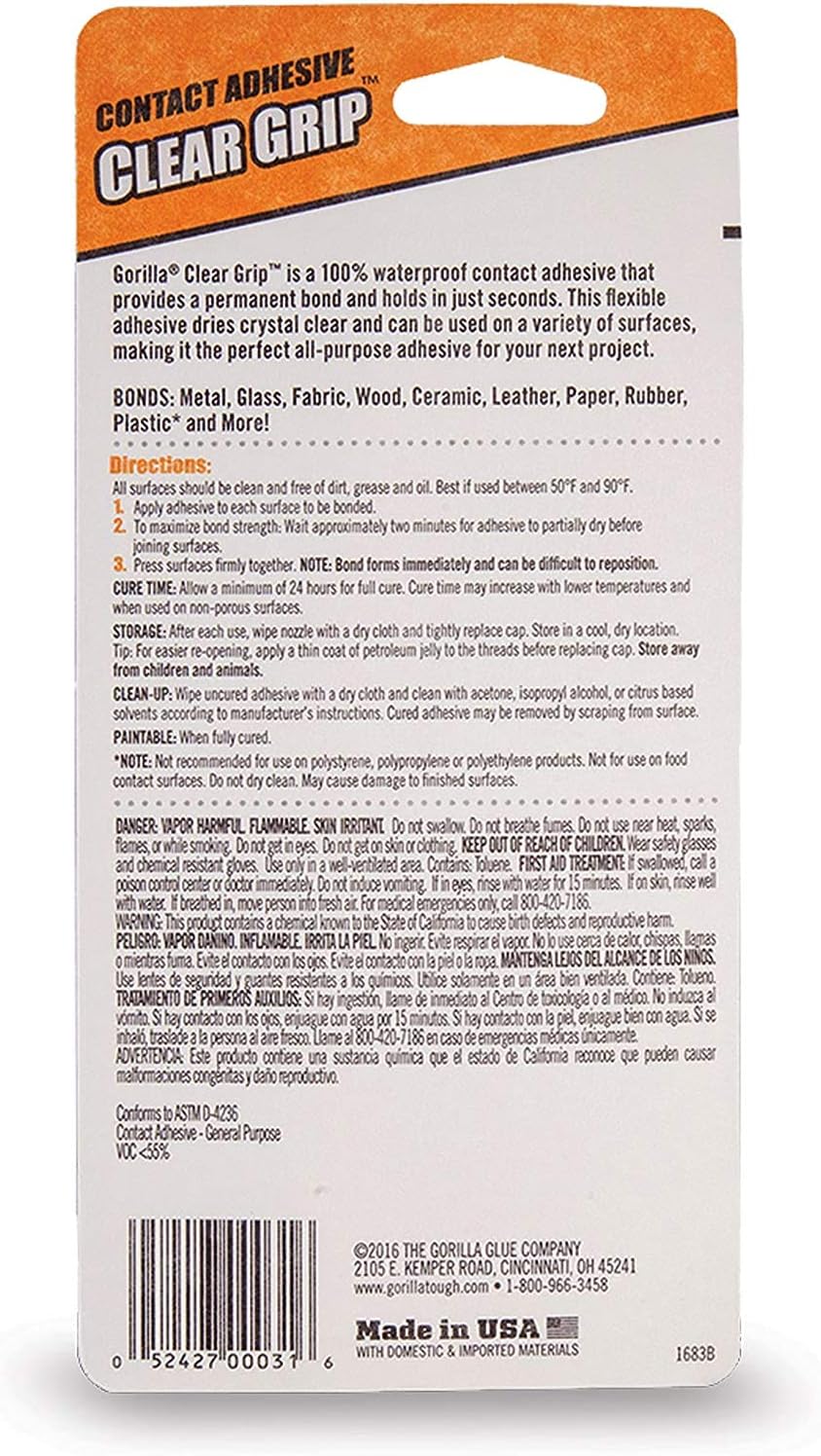 Back packaging of Gorilla Clear Grip Contact Adhesive showing safety warnings and instructions.