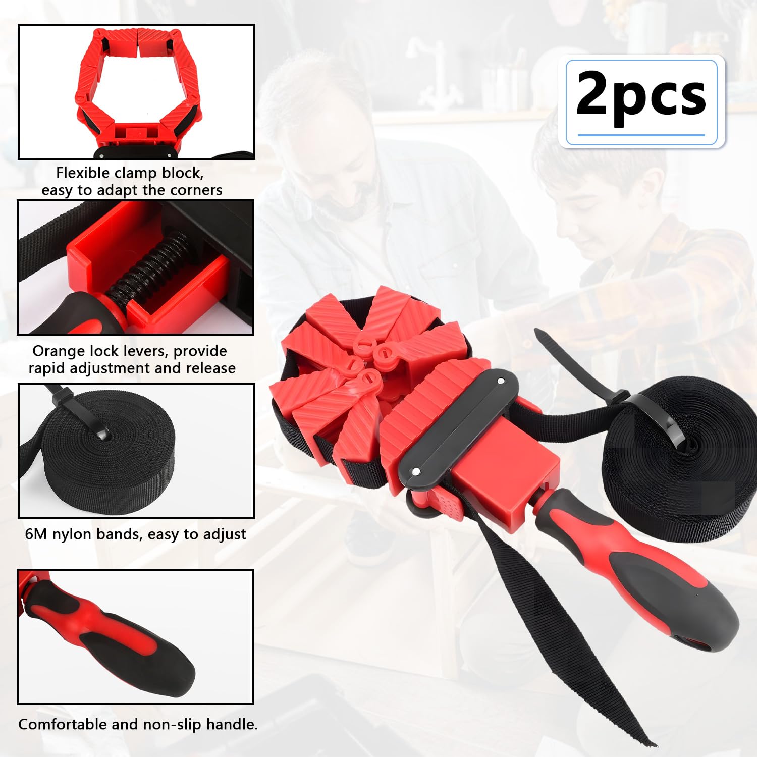 2 tensores de marco, 4 mordazas con 6 metros de correa de nailon como tensor de cinta para pegar y atornillar piezas de trabajo en ángulo recto, regulables sin niveles, HBT: 3 x 10 x 28 cm, para