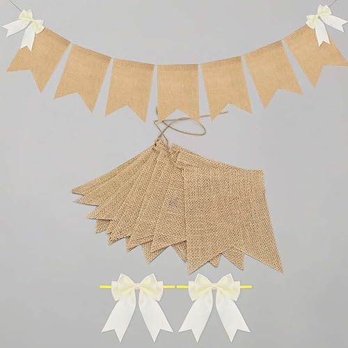15Packs Burlap Banner 5"x7" with 2Packs Ivory Bow Diy Blank Banner for Weddings Baby Showers Bridal Showers Birthdays Parties and Home Decor