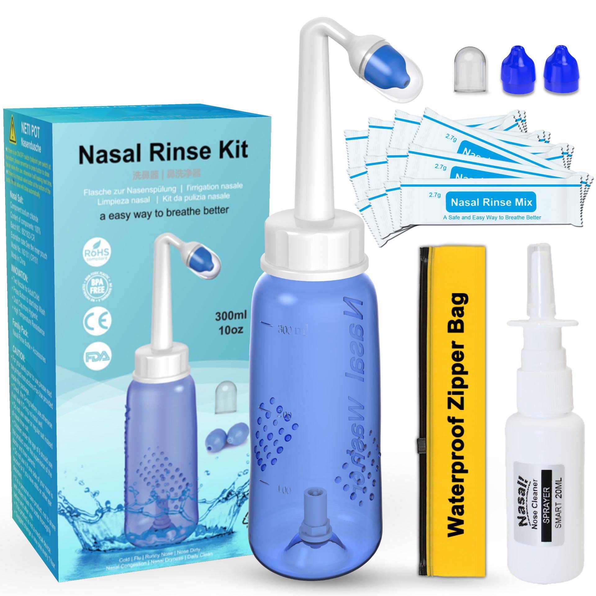 Neti Pot Sinus Rinse Bottle, Nasal Rinse Wash Bottle 300ML10oz, Nettie Pot Sinus Rinse Salt Packets, Pressure Nasal Irrigation System,Nettie Pot Family Set for Adult & Kids