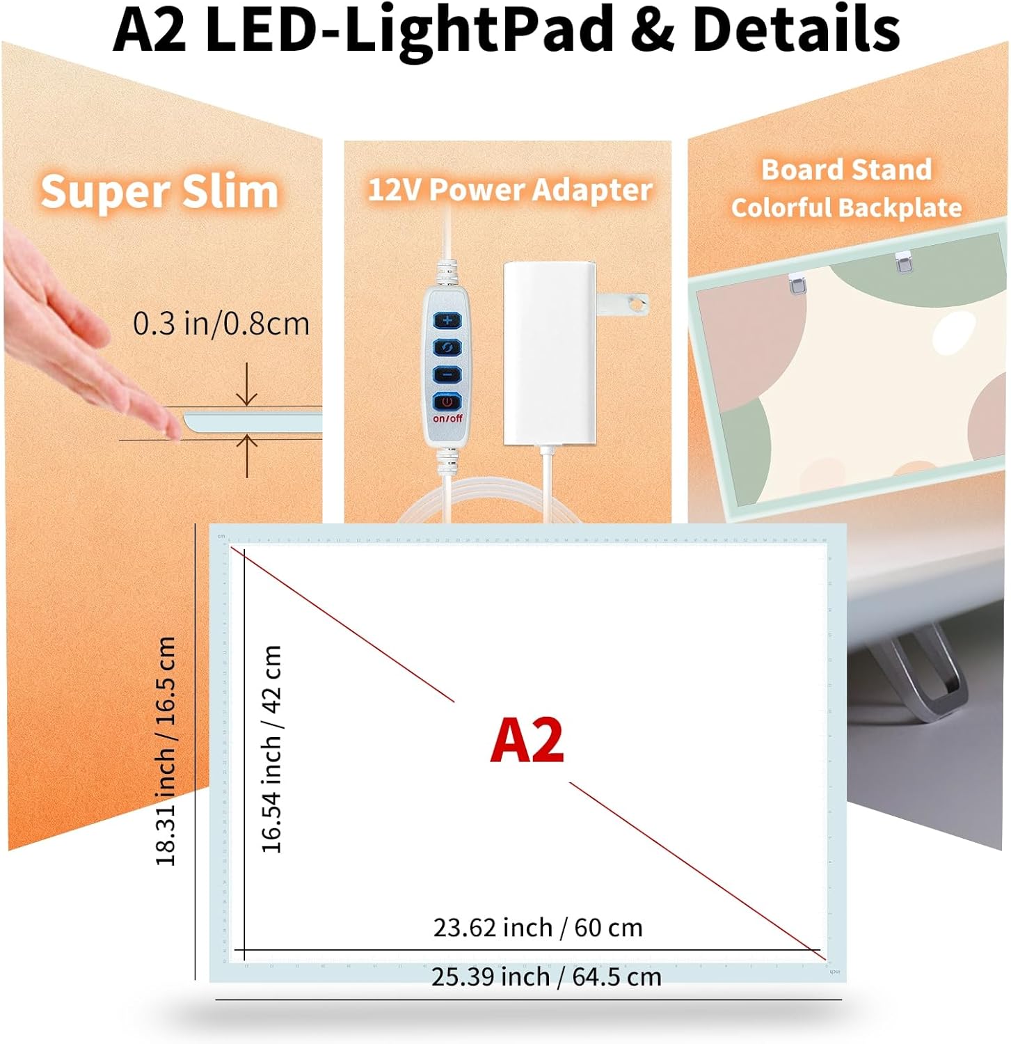 A2 Light Board for Diamond Painting, Super Bright Magnetic Light Pad, 12V2A Adapter Dimmerable，Lightbox for Tracing and Drawing, Corded Light Table for Sketching, Animation, Weeding Vinyl