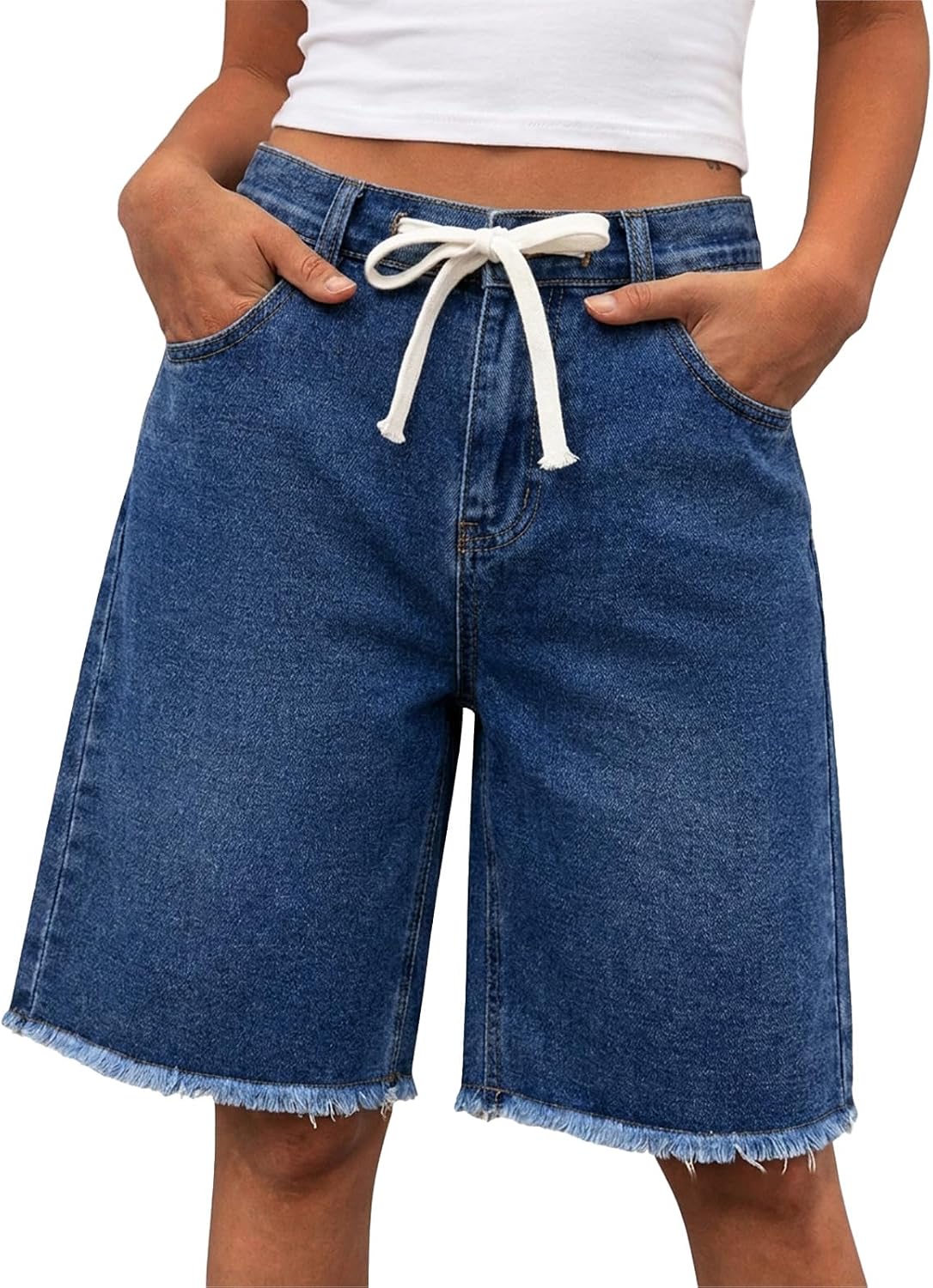 Cicy Bell Womens High Waisted Denim Shorts Bermuda Baggy Drawstring Raw Hem Jorts Casual Knee Length Jean Shorts