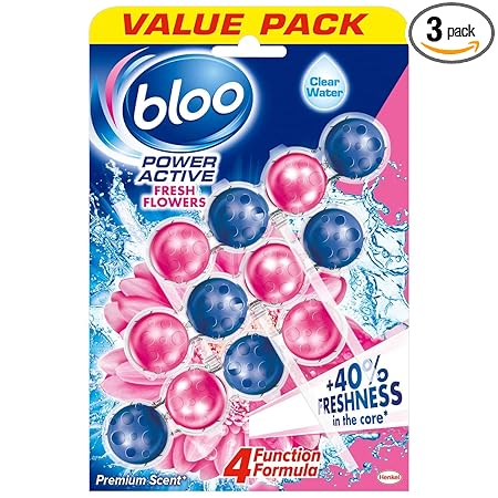 Bloo Solid Rim Block Power Active Flower | 4 in 1 Toilet Cleaner with Anti-Limescale, Cleaning Foam, Dirt Protection and Extra Freshness | Value Pack 3x50g