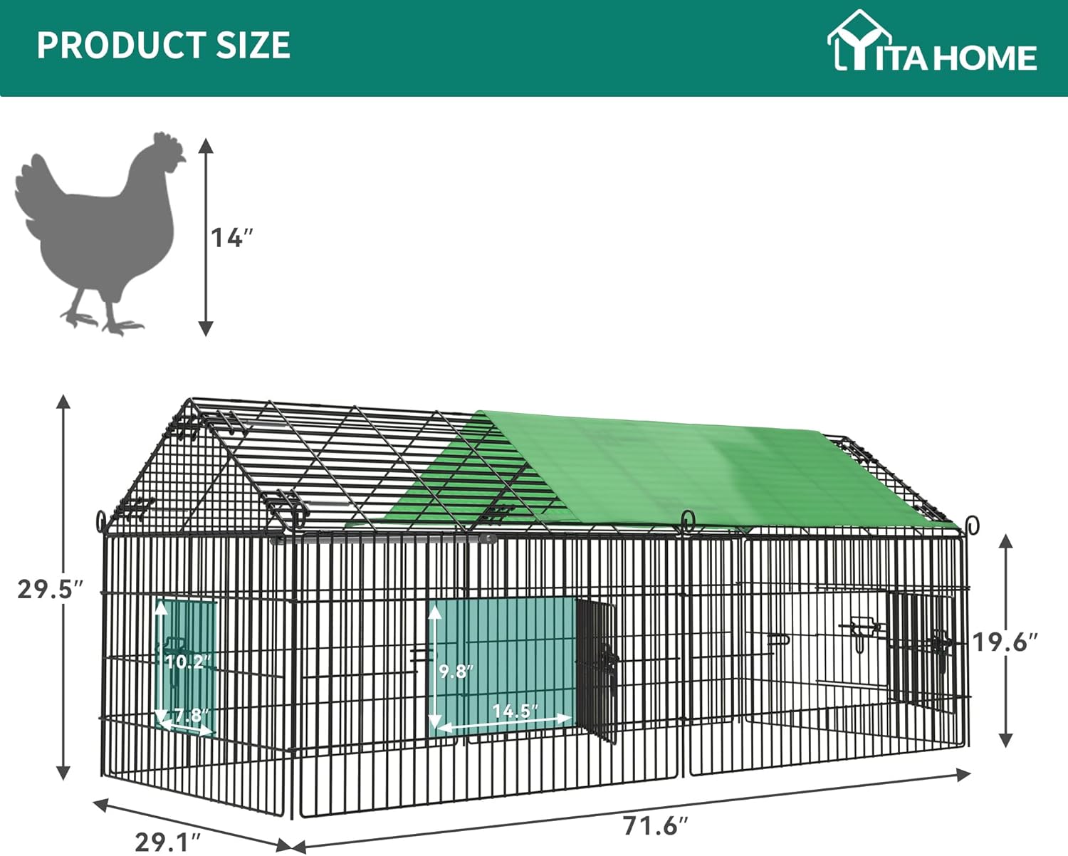 Large Black Metal Chicken Coop with Green Weatherproof Cover