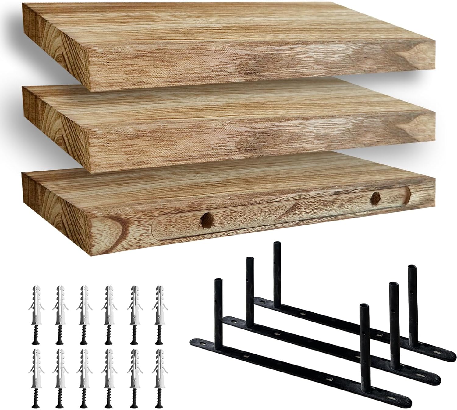 Floating Shelves for Wall, Solid Wood Wall Shelves Set of 3, Wall Mounted Floating Shelf with Hidden Brackets, Hanging Wood Shelves for Bedroom Bathroom Kitchen Living Room Storage Display