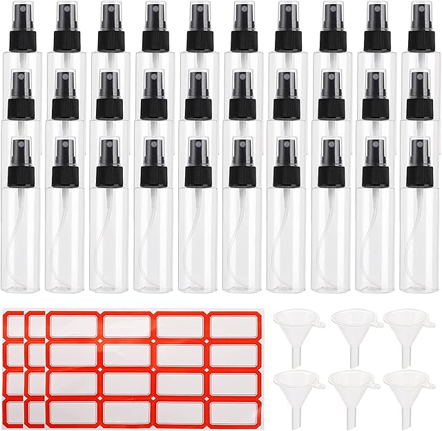 Lawei 30 Pack Clear PET Spray Bottles with Black Fine Mist Sprayer - Reusable Empty Plastic Bottles for for Essential Oils Travel Perfumes, 60 ml