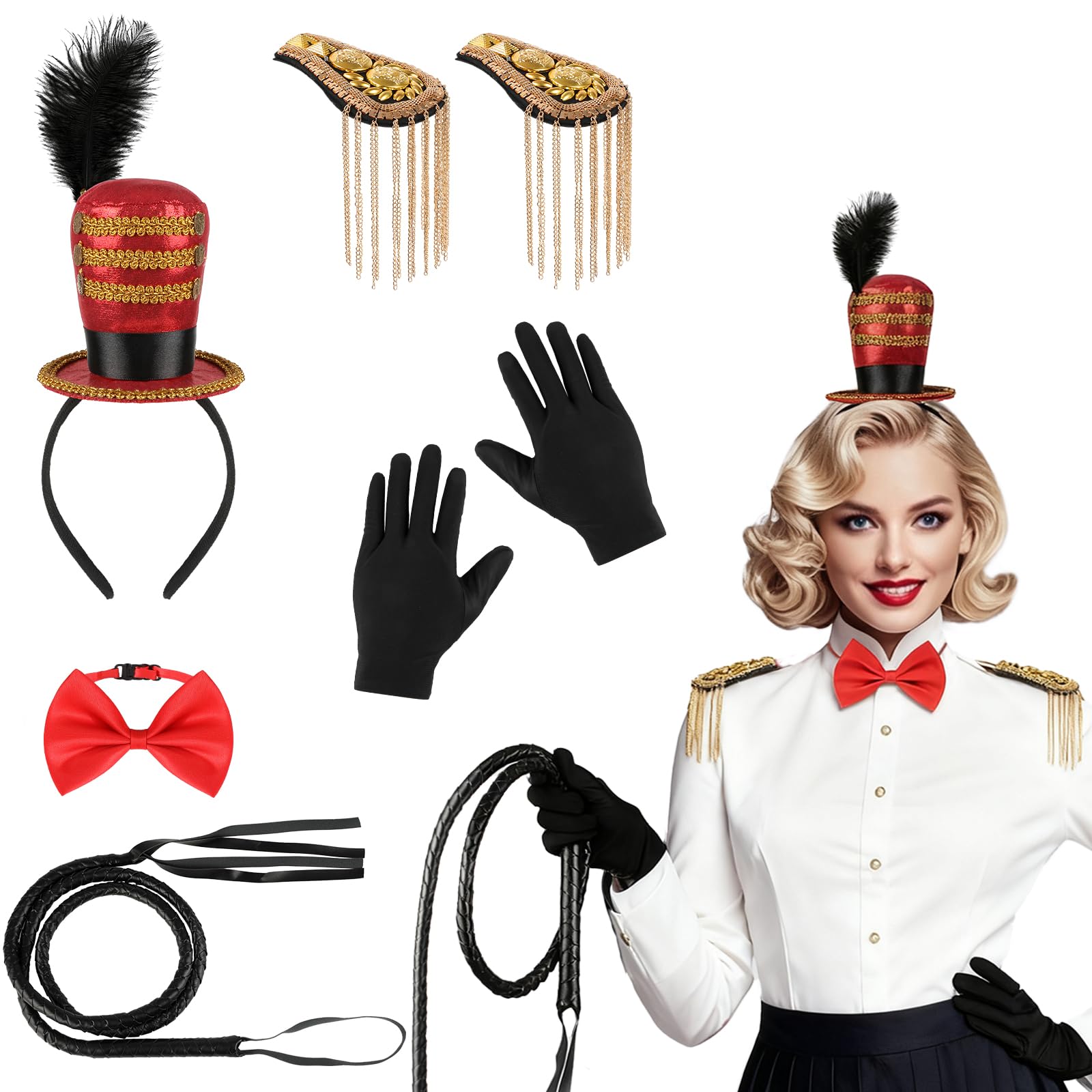BTHRORO Circus Ringmaster Costume Accessories Mini Top Hat Headband Golden Tassel Epaulettes Faux Leather Whip Bow Tie Gloves for Lion Tamer Costume Women Men Carnival Halloween Cosplay