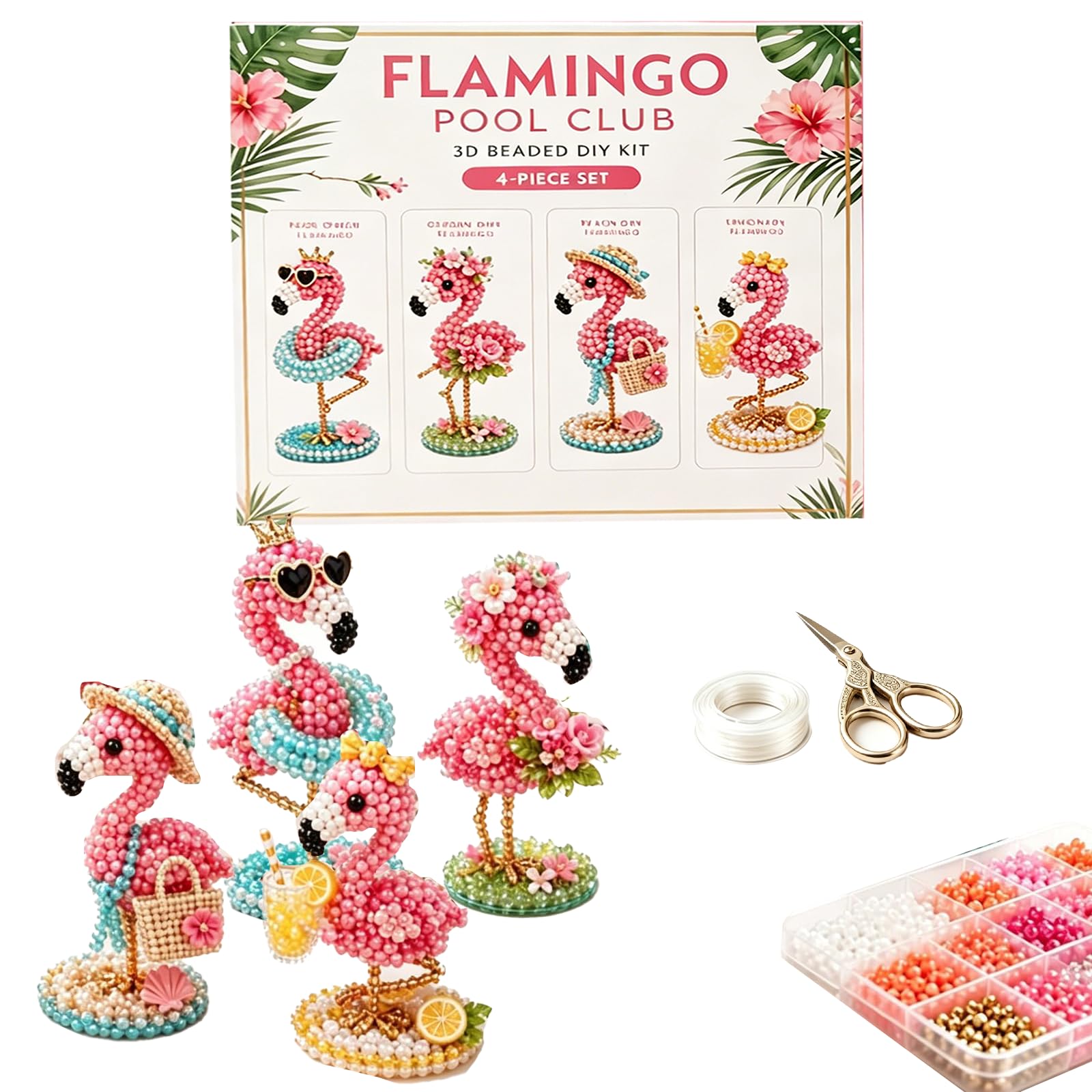 3D Beaded Mini World DIY Craft Kit, Animal & Fashion Beading Set with 7 Themes, Complete Jewellery Making Gift for Hobby Crafters (Flamingo Pool)