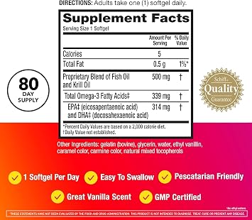 MegaRed Advanced 4-in-1 2X Concentrated 500mg Omega-3 Fish Oil & Antarctic Krill Oil with Fatty Acid, EPA/DHA Supports Heart, Brain, Joints, Eye Health 80 Count Softgels (2 Pack)